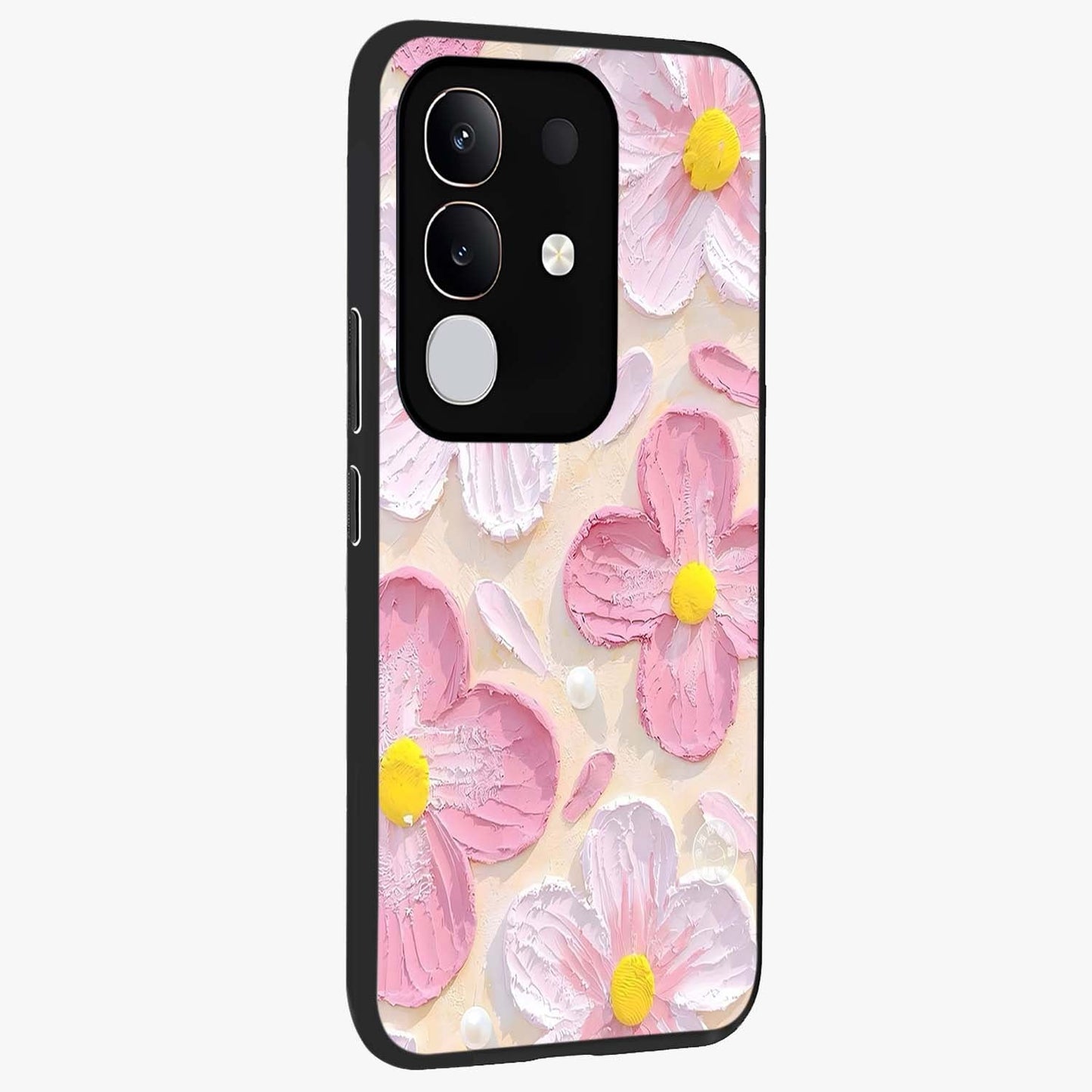 Blush Bloom Texture Glass Case upright view showcasing delicate blush floral texture with modern minimal style.