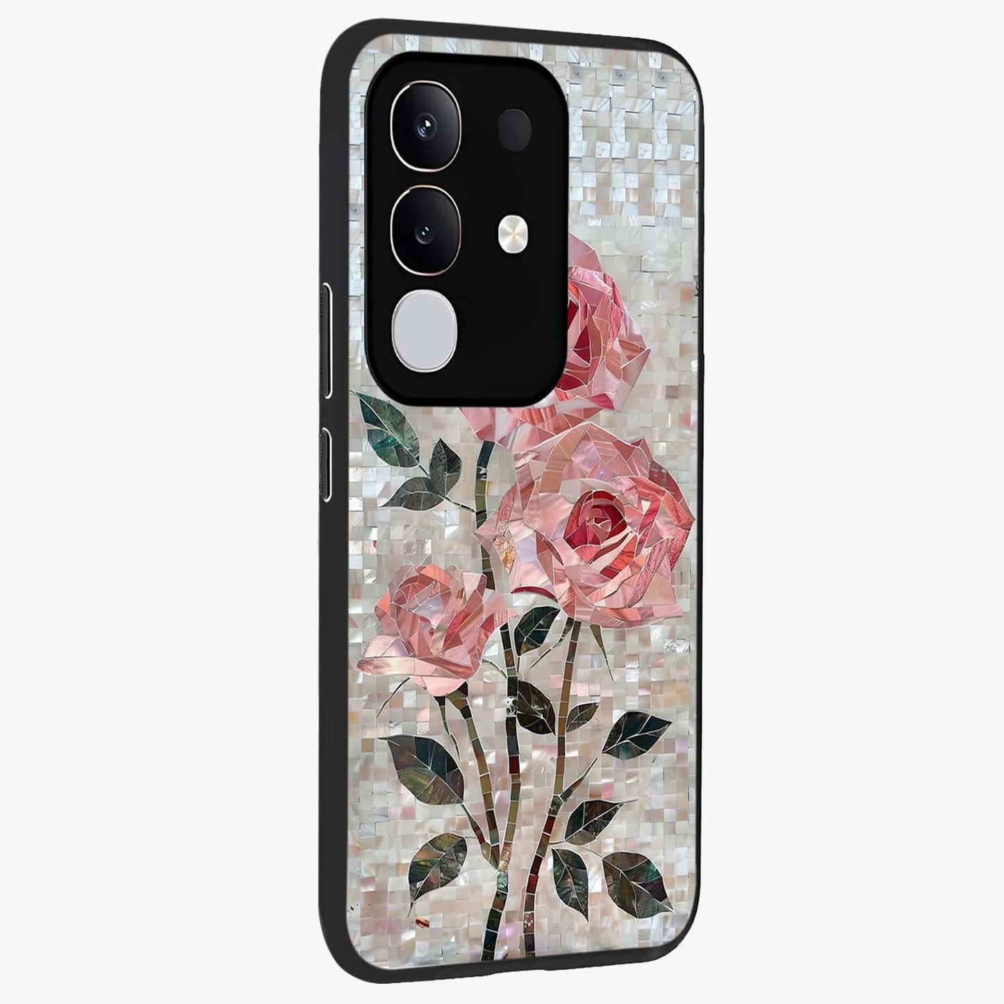 Blush Mosaic Bloom Glass Case upright view showcasing decorative floral mosaic artwork with stylish modern aesthetic.