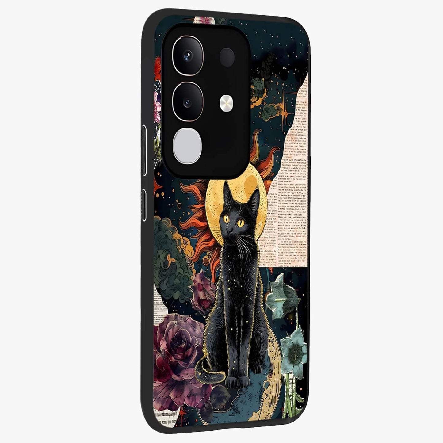Celestial Black Cat Glass Case upright view showcasing magical black cat illustration with starry cosmic theme.