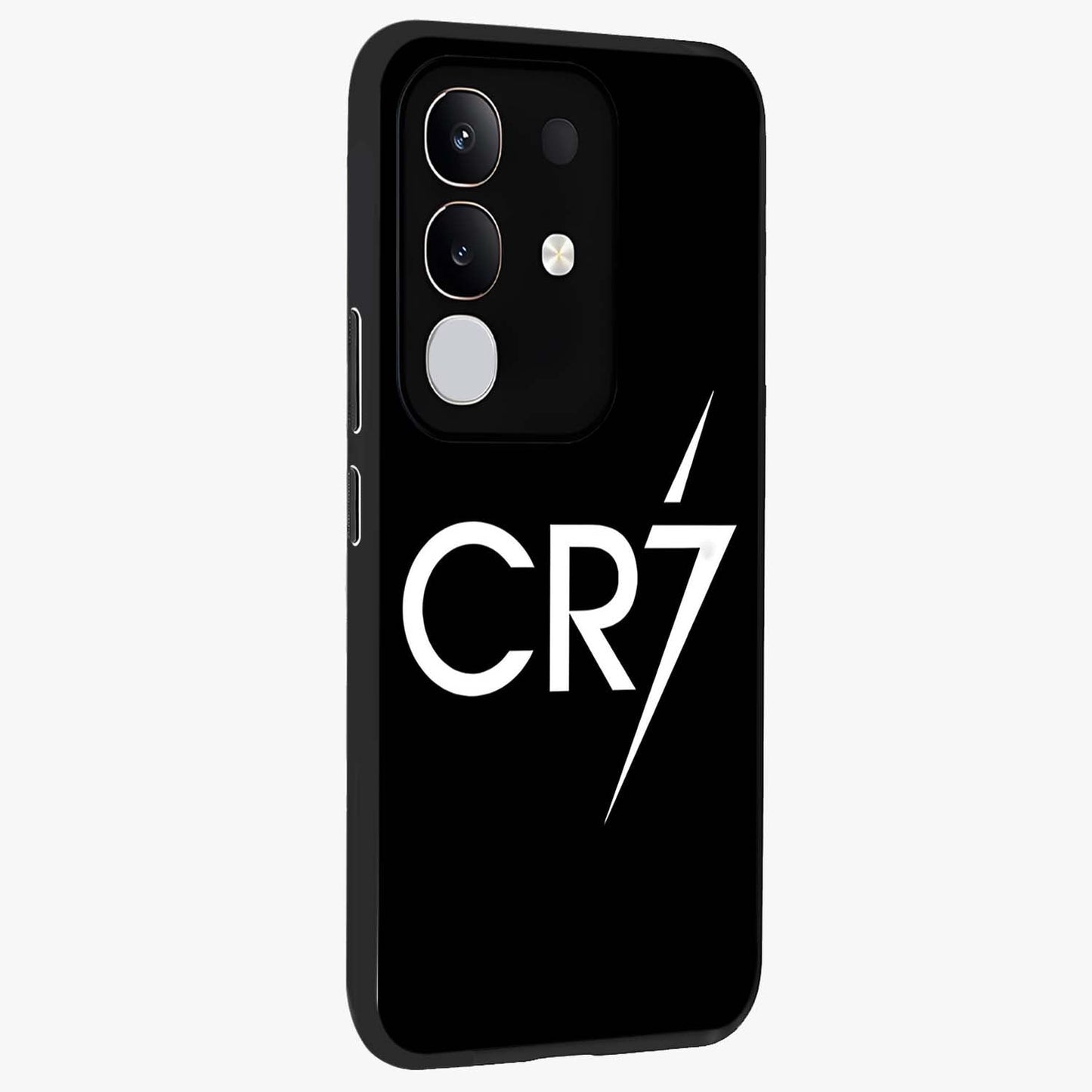Cr7 Elite Strike Glass Case upright view showcasing energetic football inspired design with modern sports aesthetic.