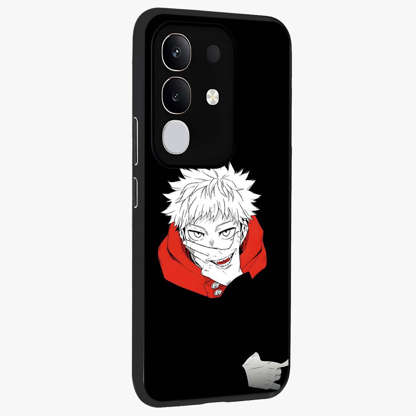 Crimson Chaos Smile Glass Case upright view showcasing expressive chaotic artwork with striking visual theme.