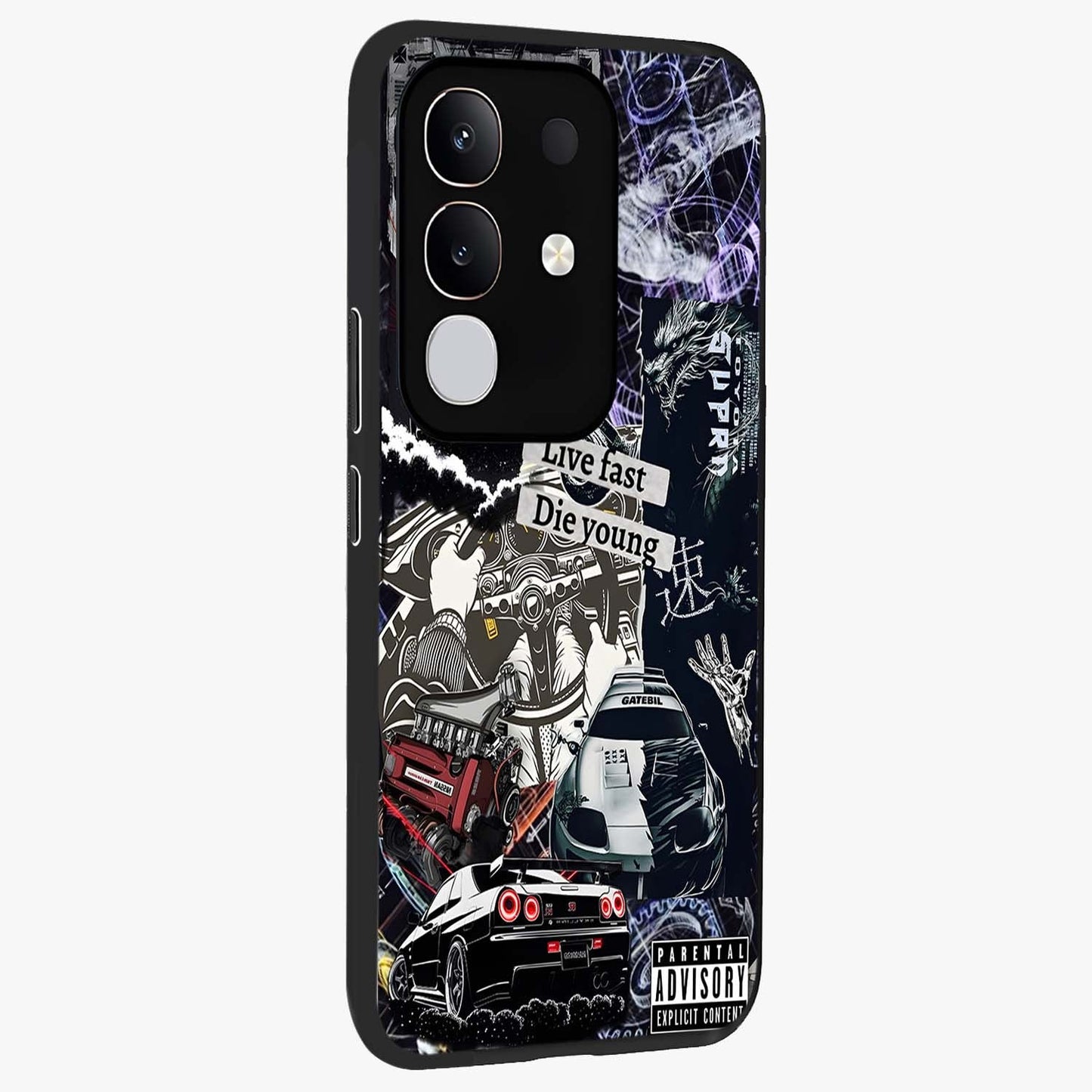 Die Young Glass Case upright view showcasing striking typography artwork with modern statement theme.