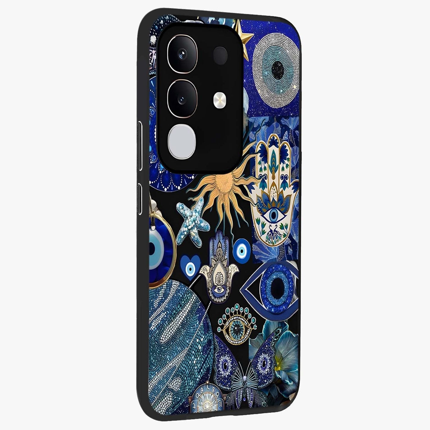 Evil Eye Charm Mix Glass Case upright view showcasing mystical evil eye pattern with vibrant decorative style.