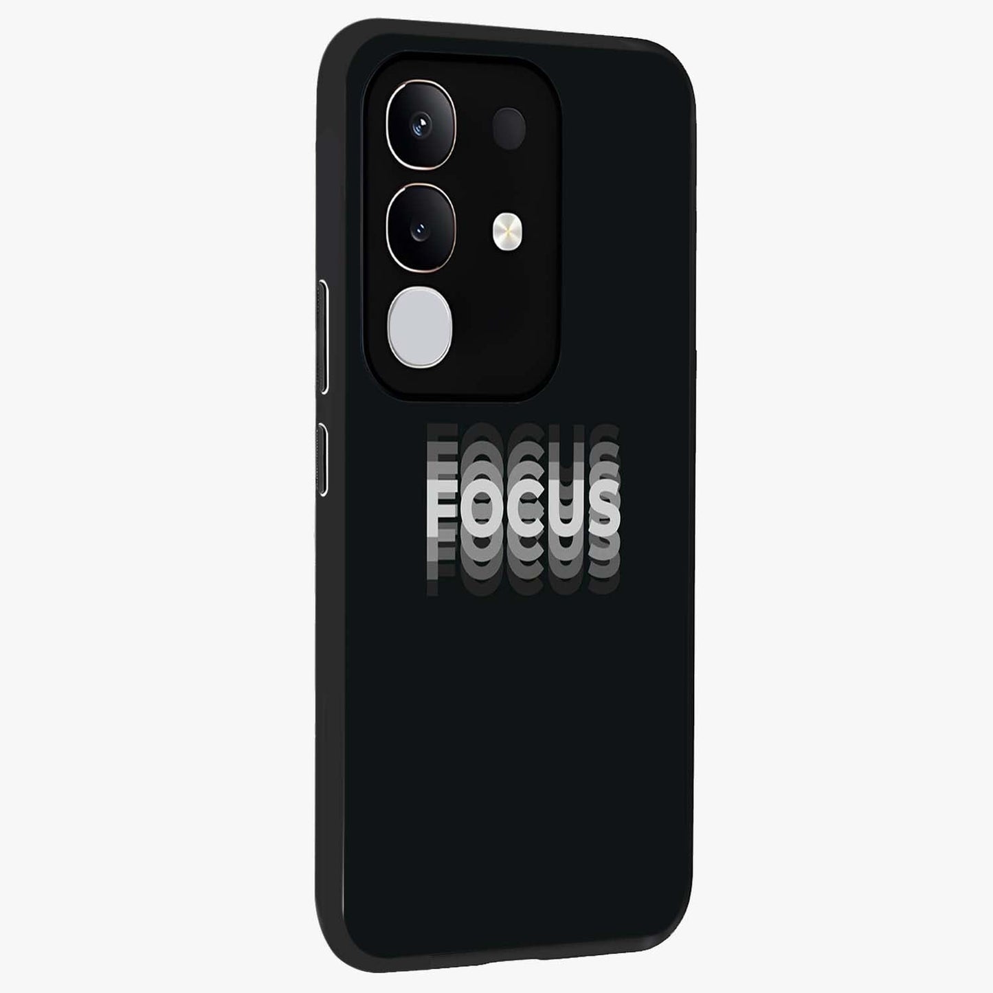 Focus Mode On Glass Case upright view showcasing strong typography statement with sleek motivational theme.
