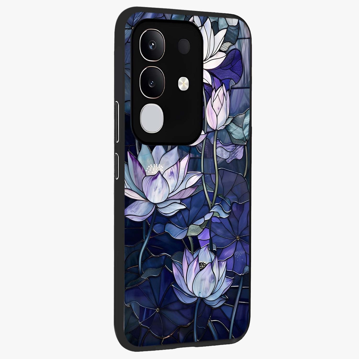 Gloss Petal Rush Glass Case upright view showcasing dynamic floral petal artwork with modern botanical theme.