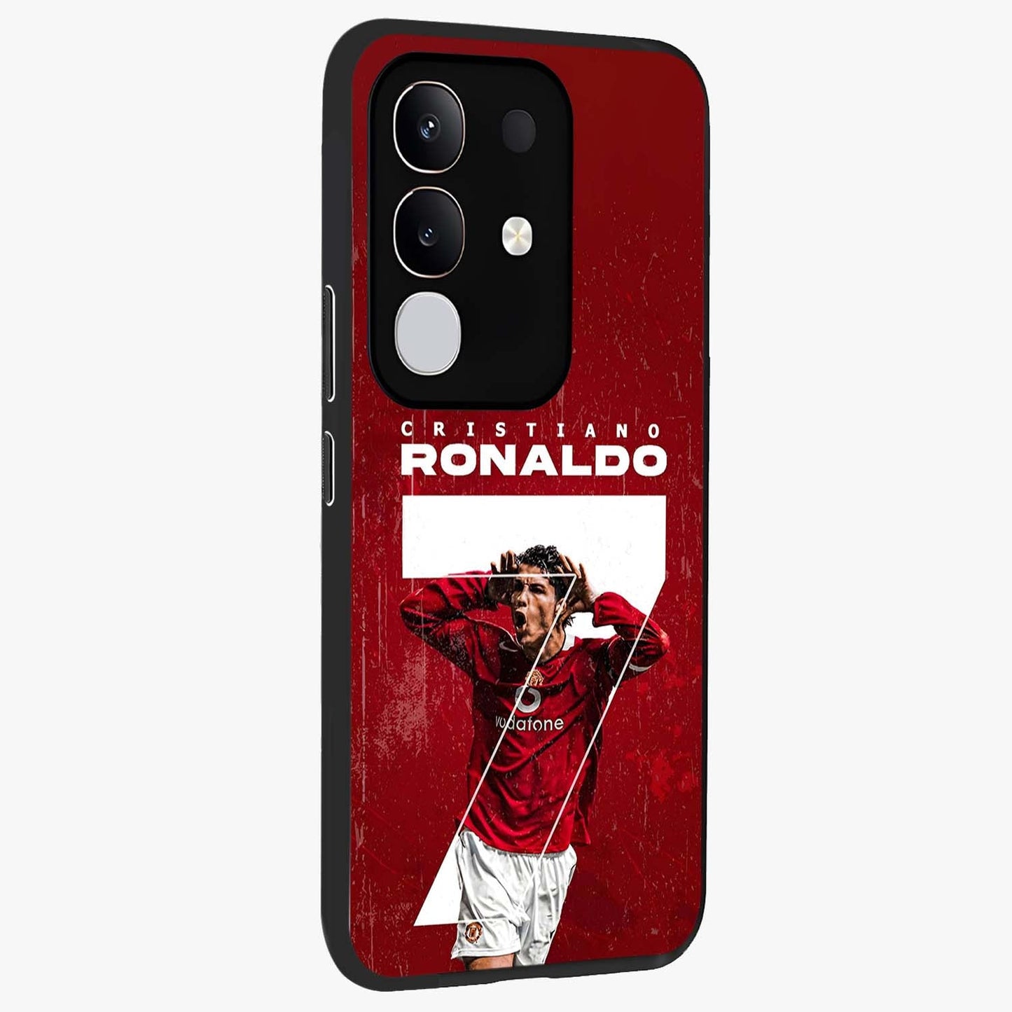 Goal Celebration Legacy Glass Case upright view showcasing dynamic football inspired artwork with victory celebration aesthetic.