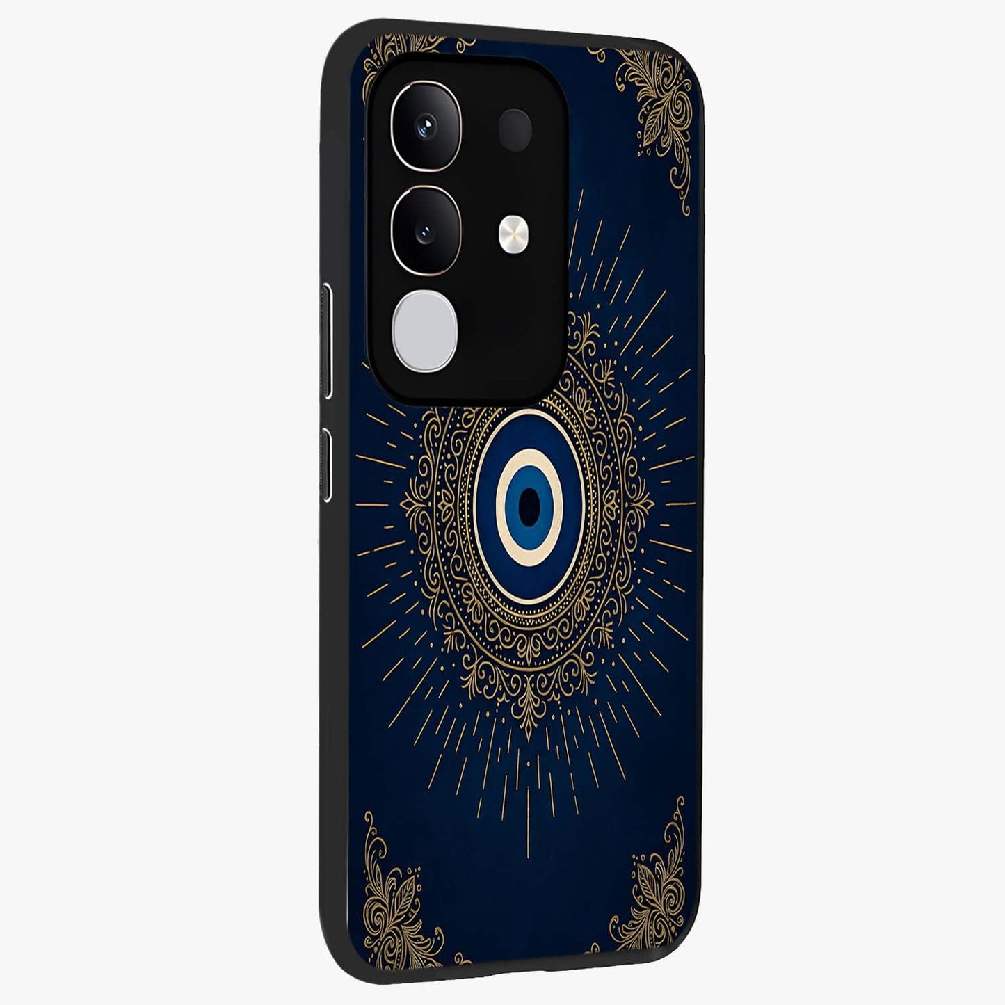 Golden Celestial Charm Glass Case upright view showcasing radiant celestial artwork with elegant golden theme.