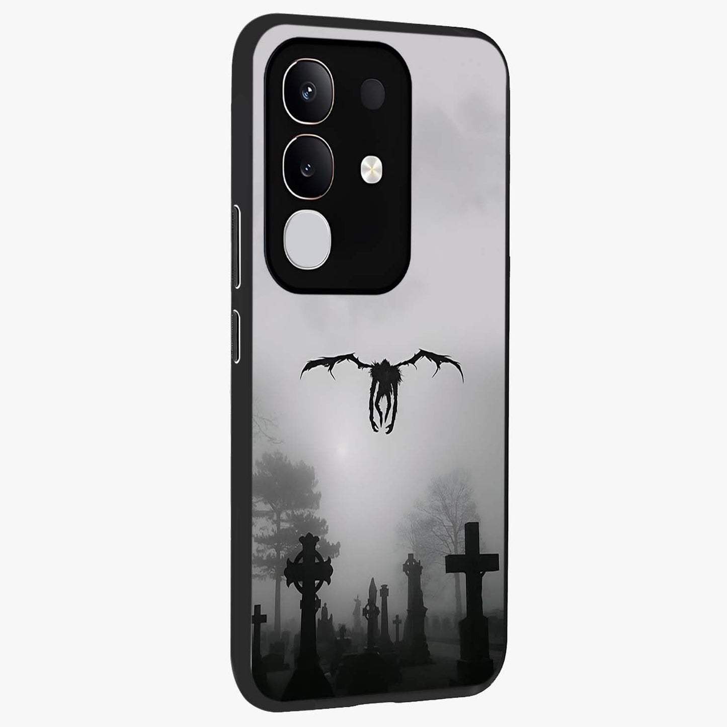 Graveyard Shadow Descent Glass Case upright view showcasing haunting graveyard artwork with dramatic dark theme.