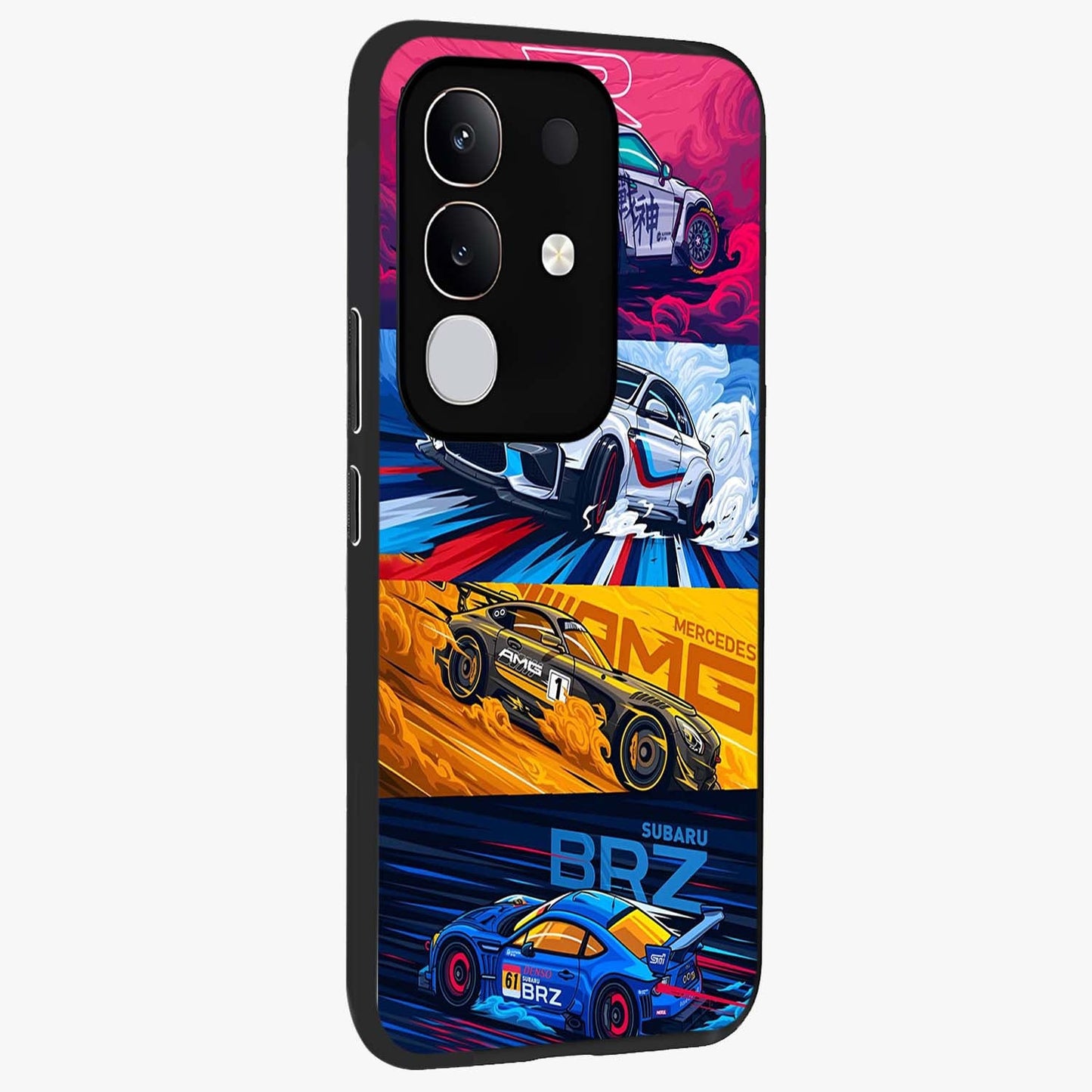JDM Sports Car Glass Case upright view showcasing dynamic sports car artwork with bold racing theme.