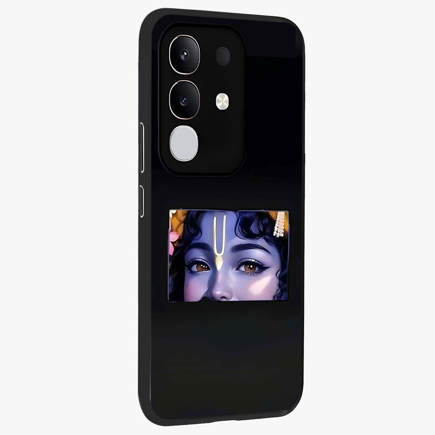 Krishna Divine Embrace Glass Case upright view showcasing sacred Krishna artwork with peaceful devotional theme.
