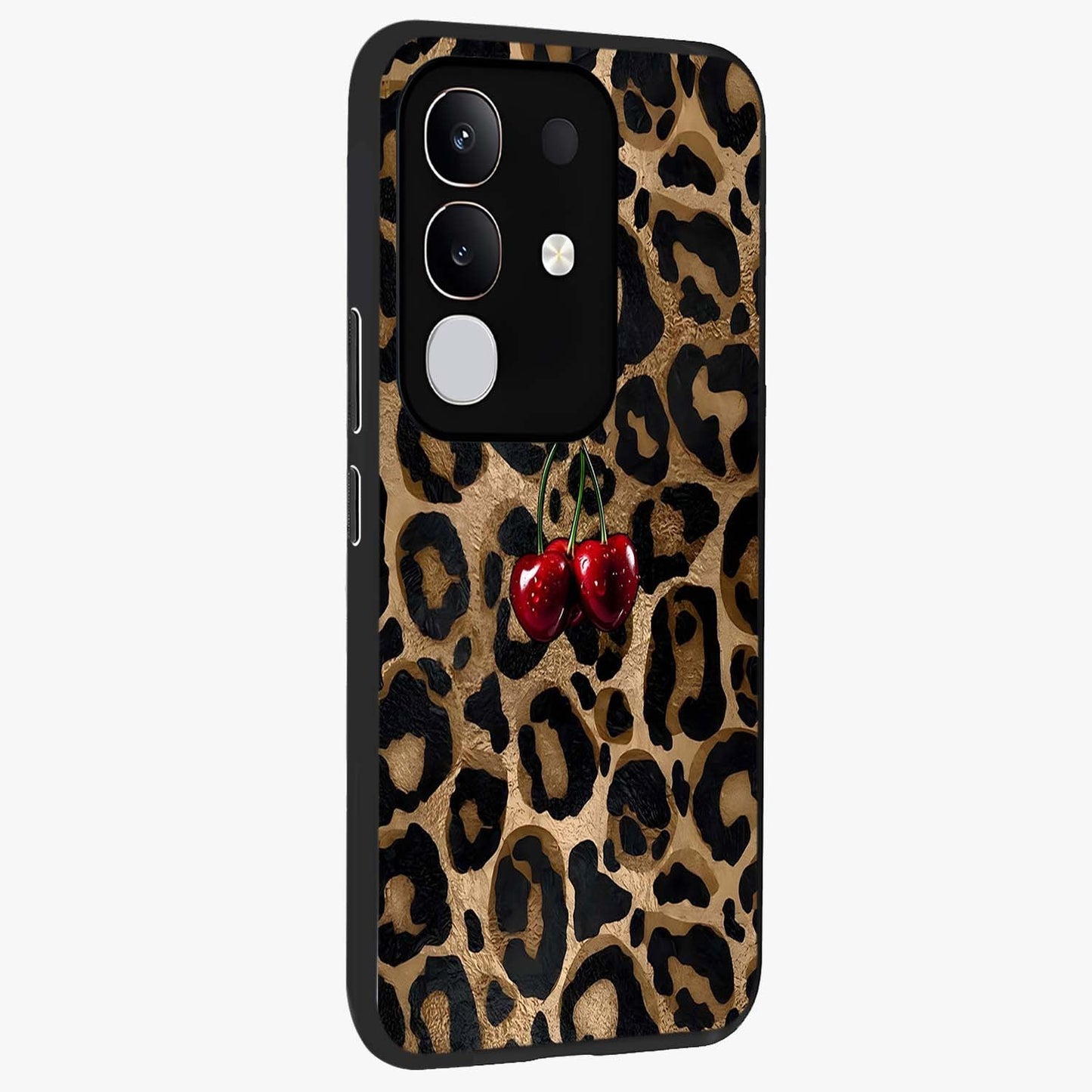 Leopard Wild Cherry Glass Case upright view showcasing stylish leopard pattern artwork with trendy fashion theme.