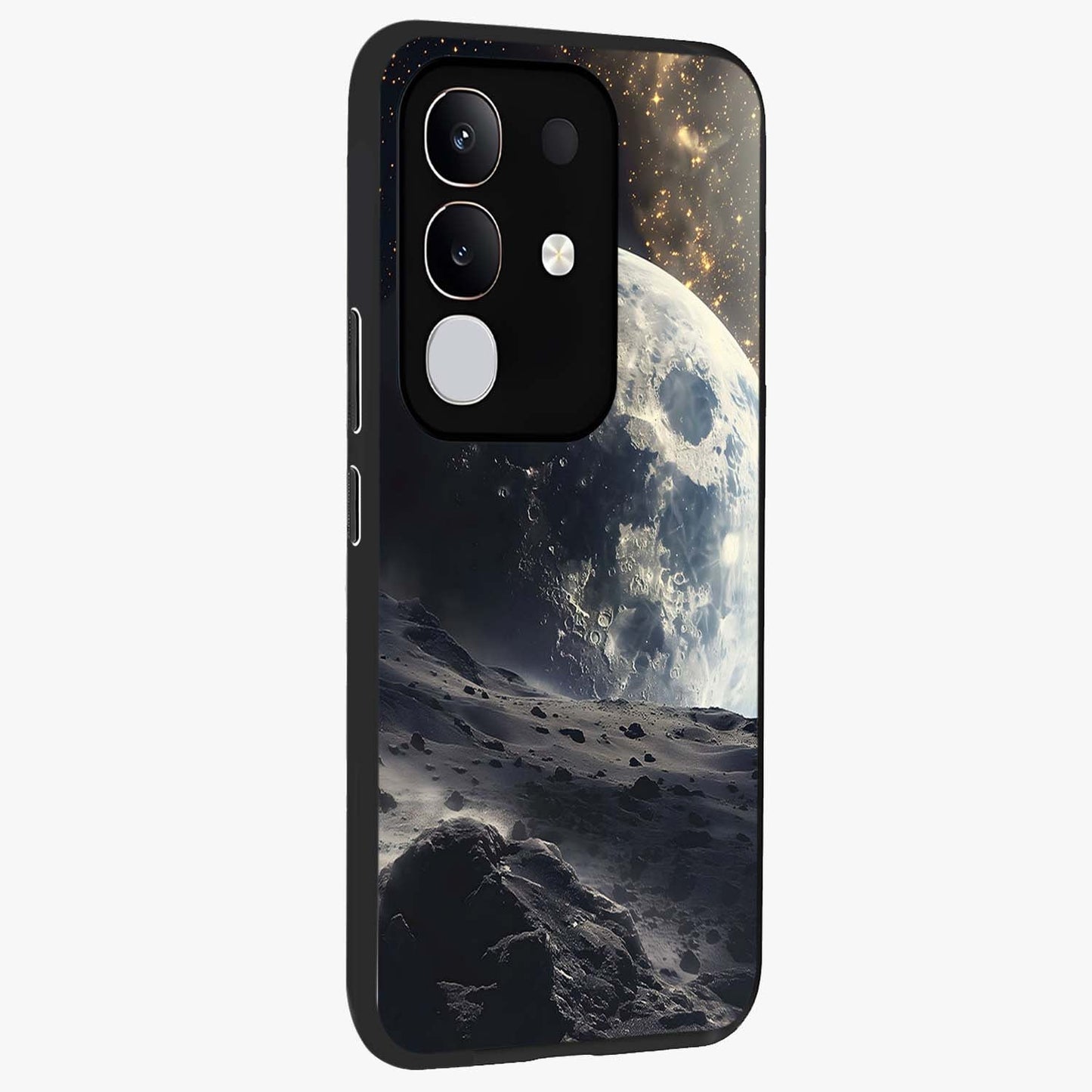 Lunar Horizon Glow Glass Case upright view showcasing radiant lunar artwork with calm cosmic theme.