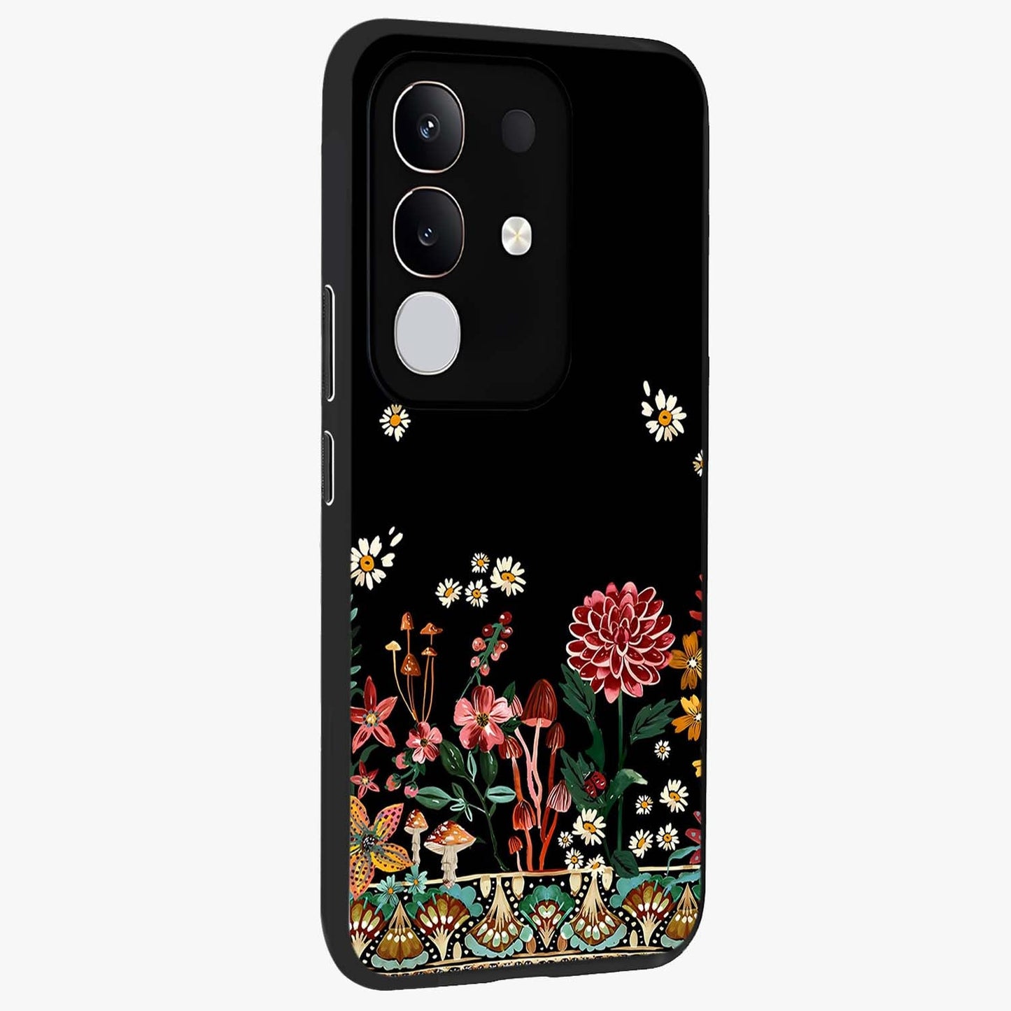 Midnight Bloom Pattern Glass Case upright view showcasing decorative floral artwork with deep night themed palette.