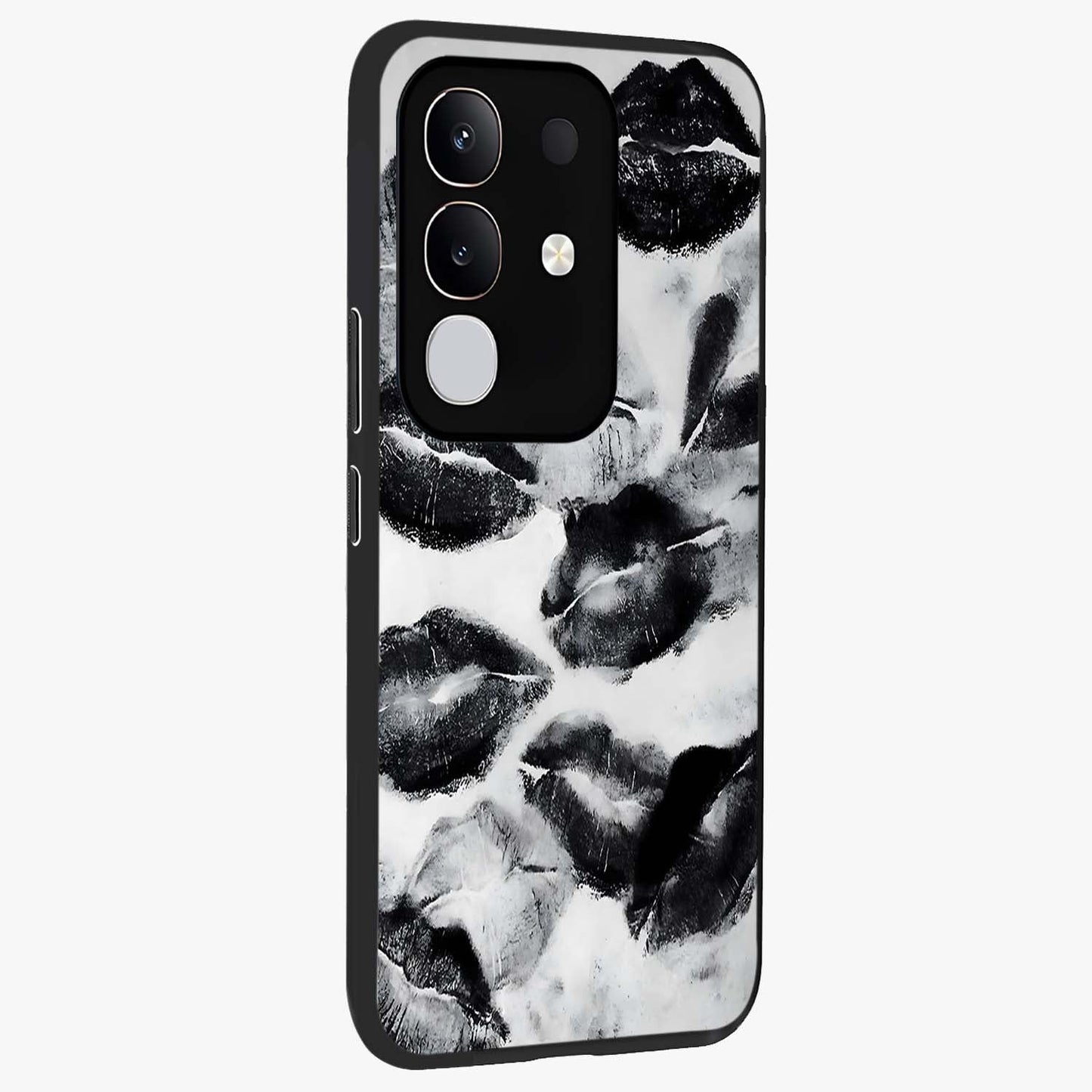 Midnight Kiss Marks Glass Case upright view showcasing stylish kiss mark artwork with trendy romantic theme.