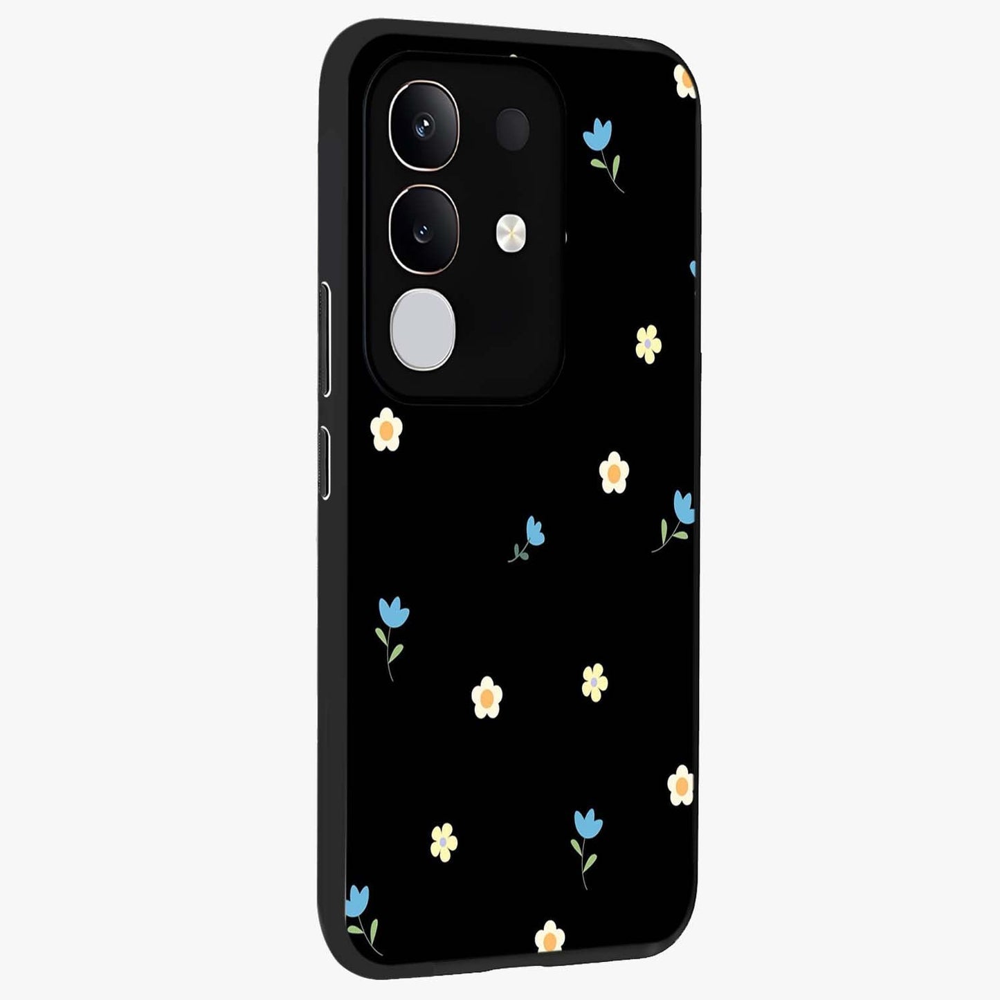 Minimal Petal Whispers Glass Case upright view showcasing elegant floral artwork with modern minimalist style.