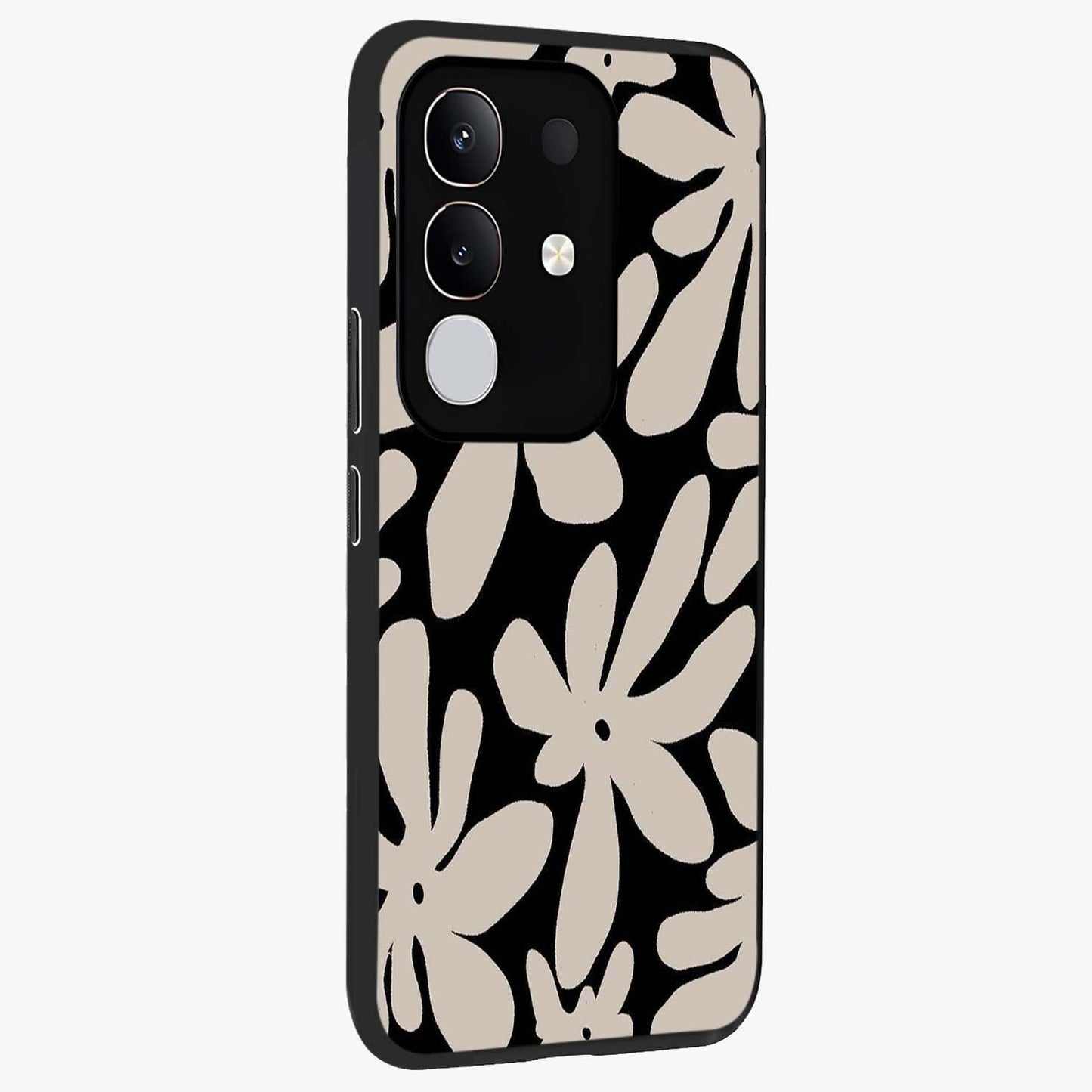 Monochrome Petal Dance Glass Case upright view showcasing artistic floral pattern with stylish monochrome theme.