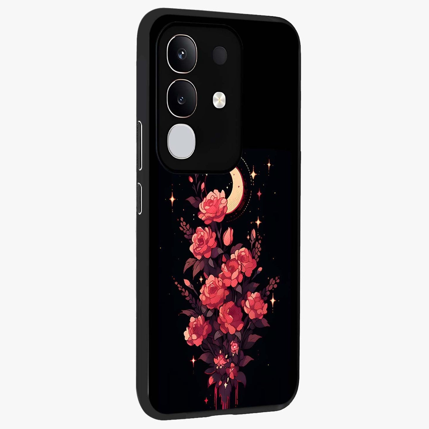 Moonlit Floral Elegance Glass Case upright view showcasing delicate floral artwork with refined night inspired theme.