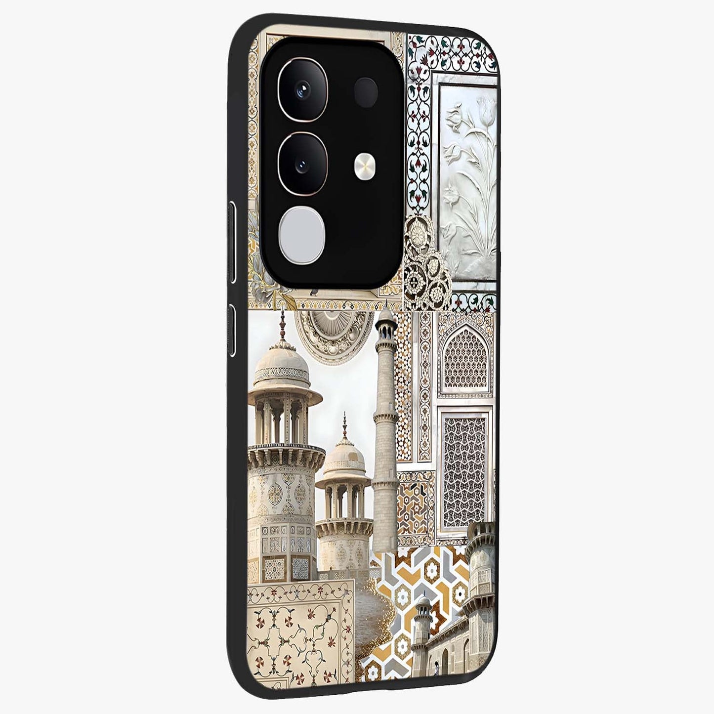 Mughal Marble Legacy Glass Case upright view showcasing ornate Mughal design with luxurious traditional theme.