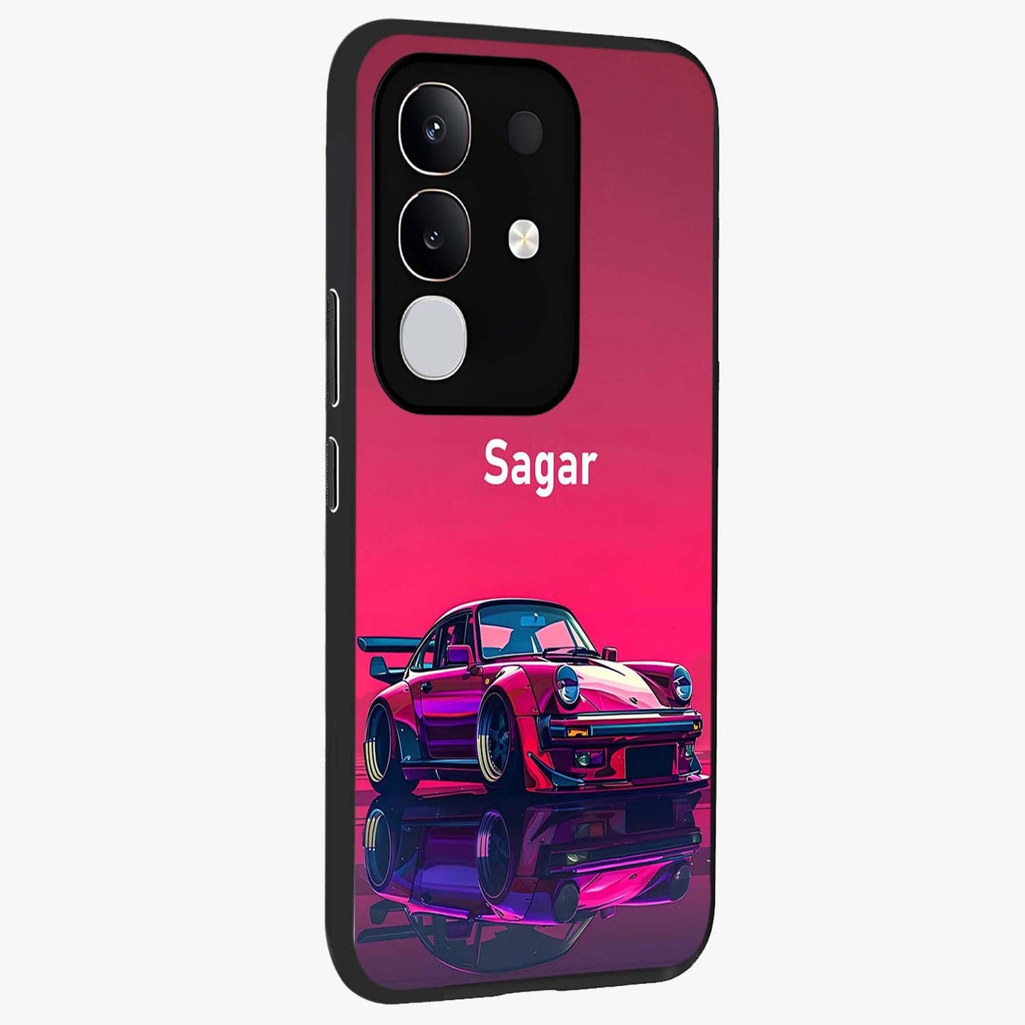 Neon Pink Porsche Glass Case upright view showcasing vibrant sports car artwork with bold automotive theme.