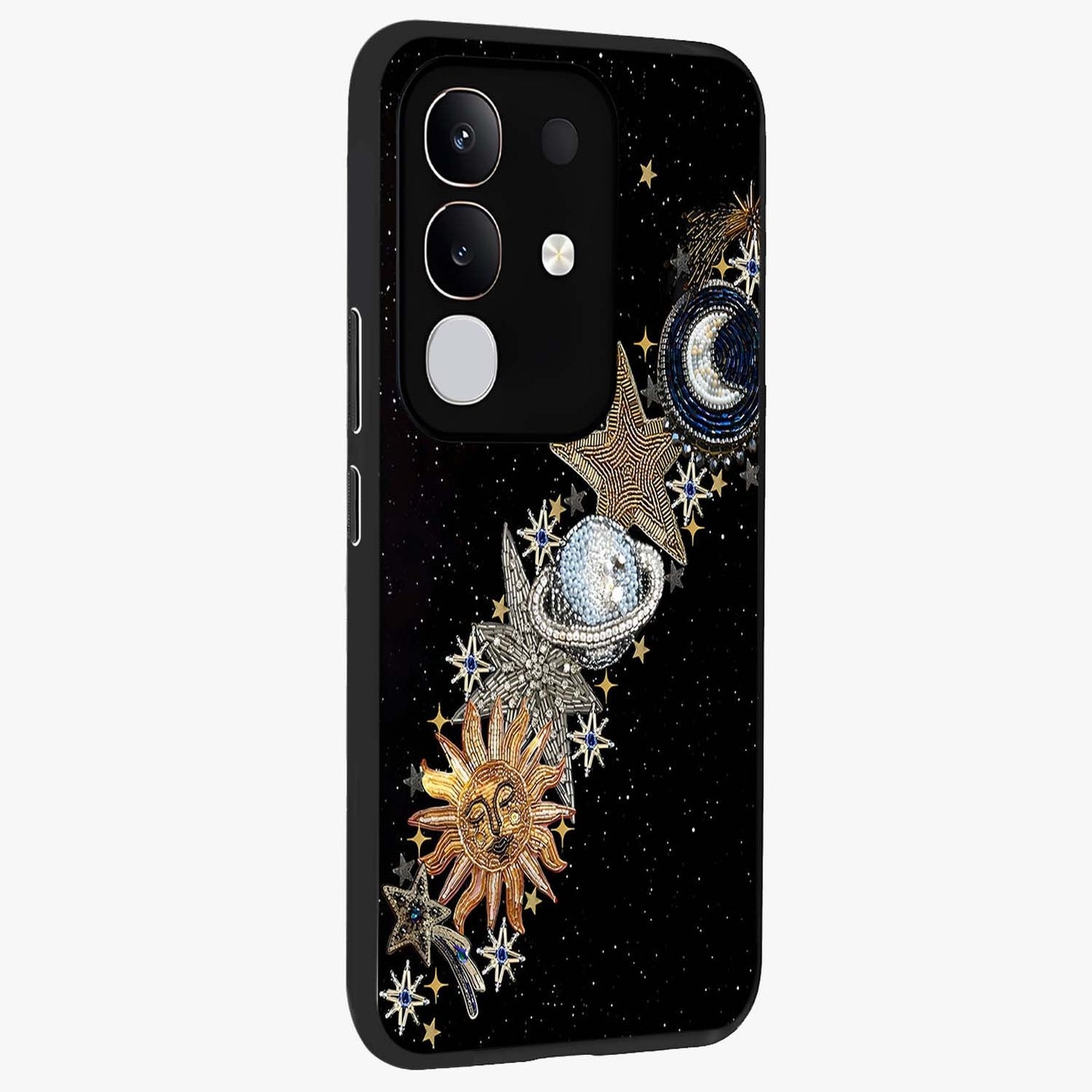 Pearls Universe Object Glass Case upright view showcasing decorative pearl themed artwork with cosmic elegance.