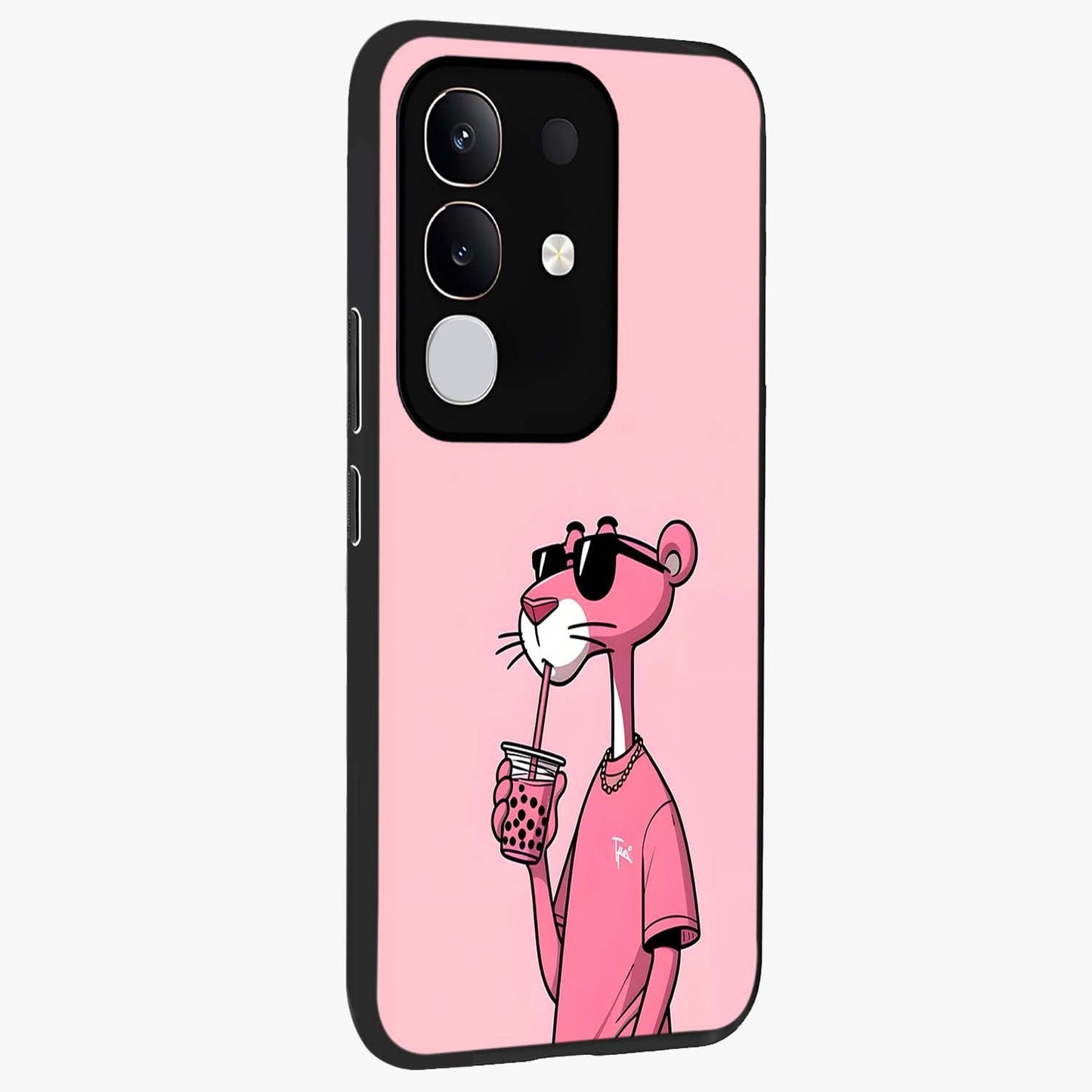 Pink Panther Glass Case upright view showcasing fun animated artwork with stylish retro cartoon theme.