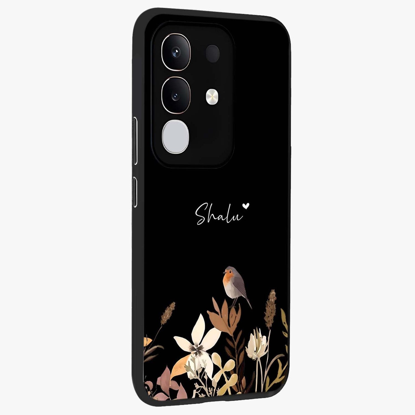 Quiet Garden Tune Custom Name Glass Case upright view showcasing serene botanical artwork with personalized aesthetic.