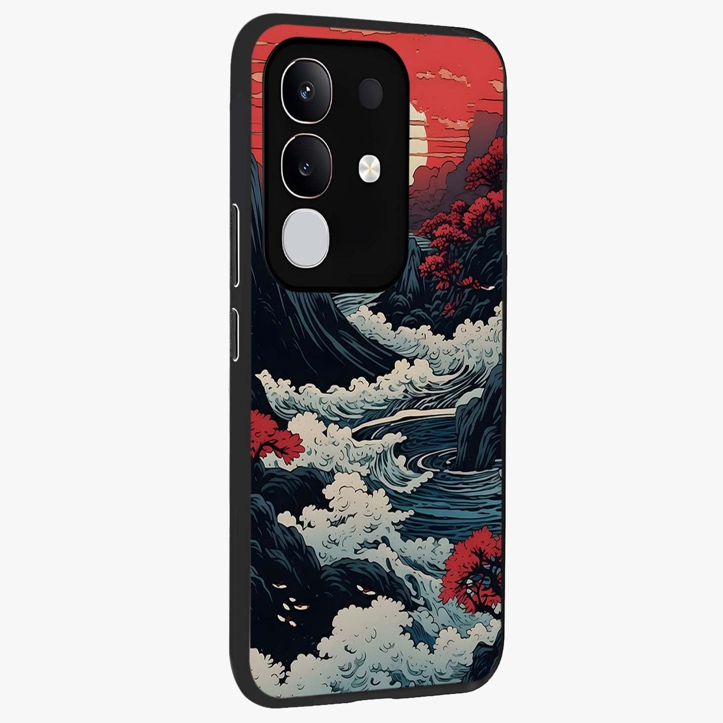 Red Sunset Scenery Glass Case upright view showcasing dramatic sunset scenery artwork with warm nature theme.