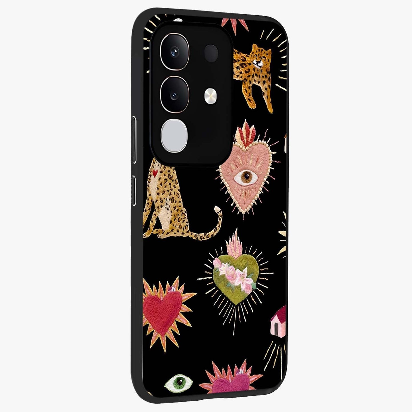 Sacred Jungle Heart Glass Case upright view showcasing vibrant jungle artwork with symbolic heart theme.