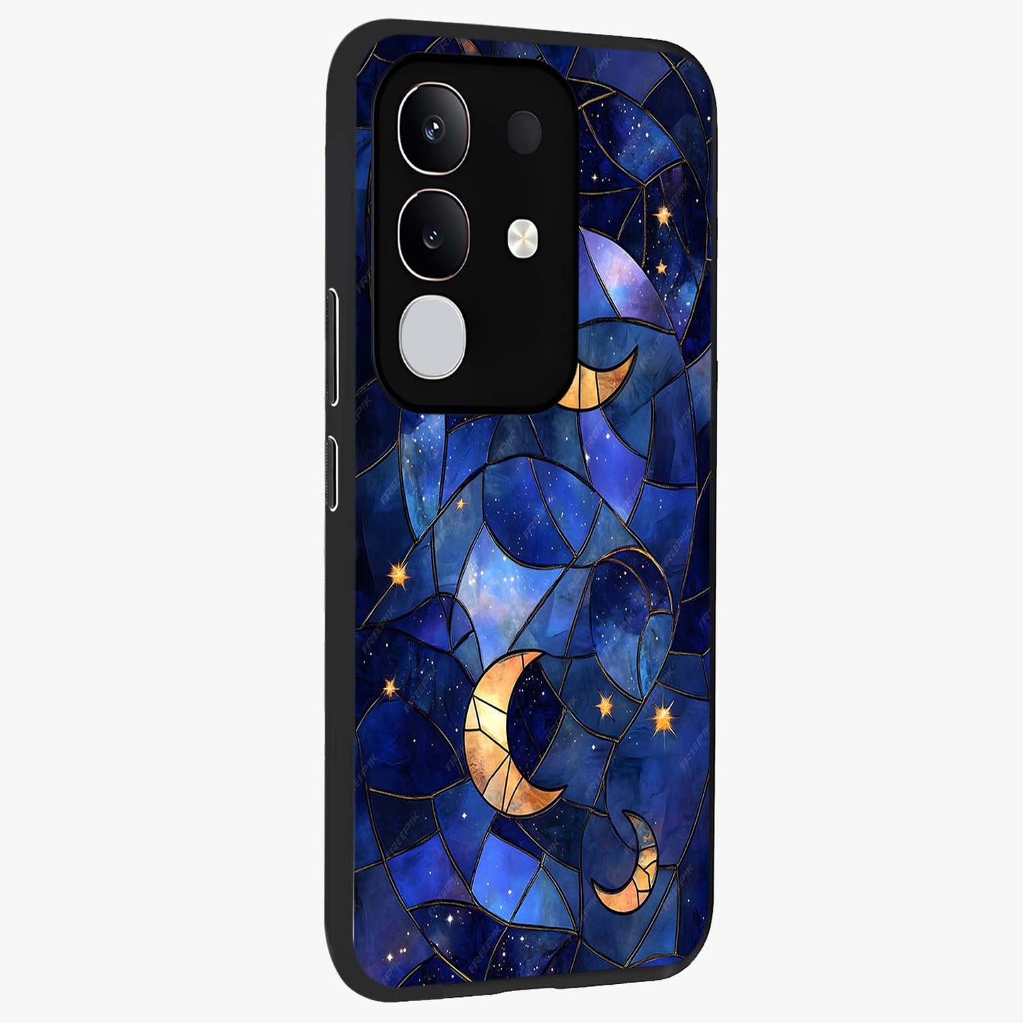 Starlit Sky Tapestry Glass Case upright view showcasing elegant starry sky artwork with cosmic decorative theme.