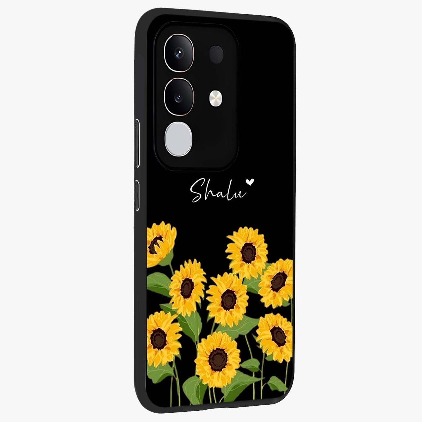 Sunflower Chic Mood Custom Name Glass Case upright view showcasing cheerful sunflower artwork with trendy floral theme.