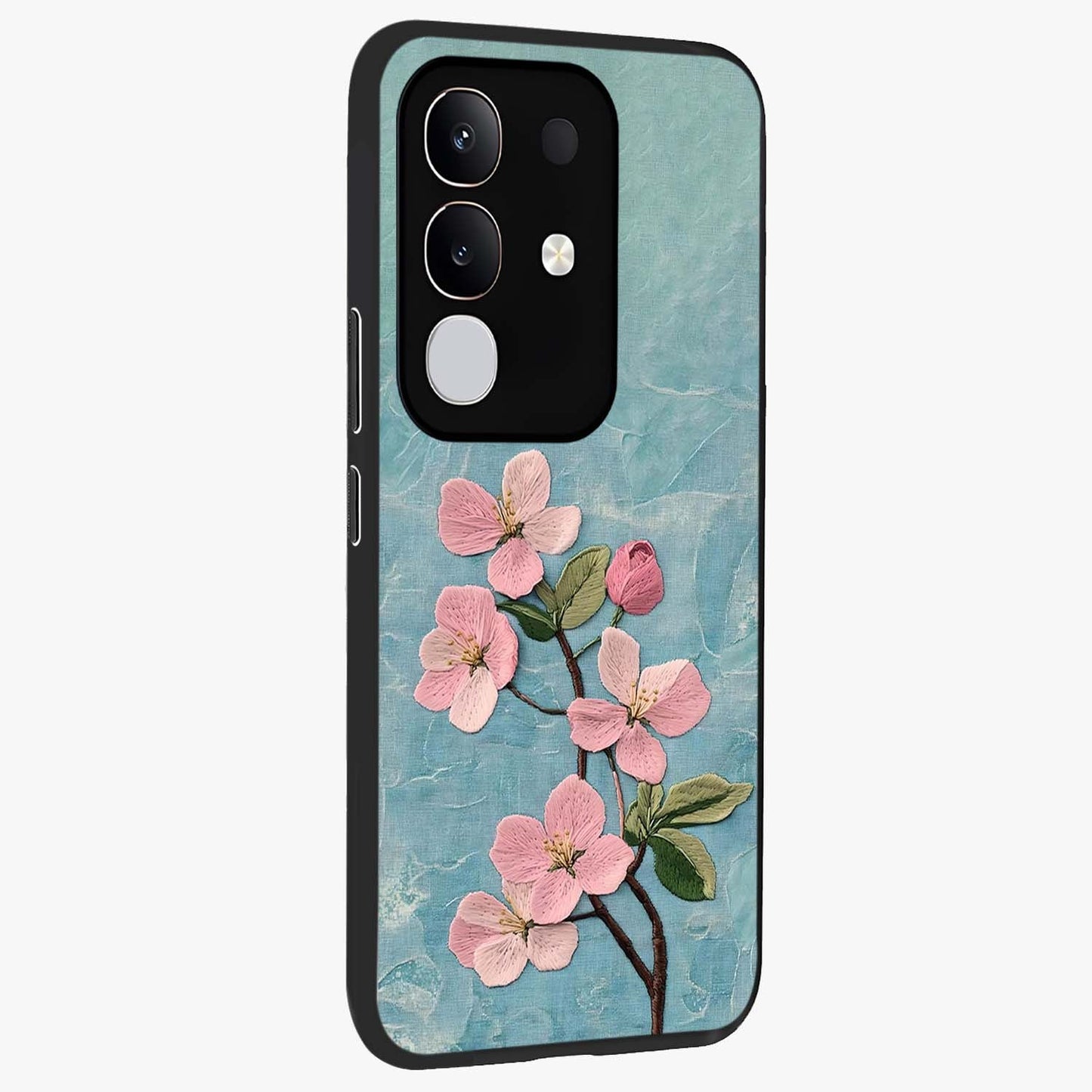 Threaded Blossom Breeze Glass Case upright view showcasing graceful flower artwork with calm botanical theme.