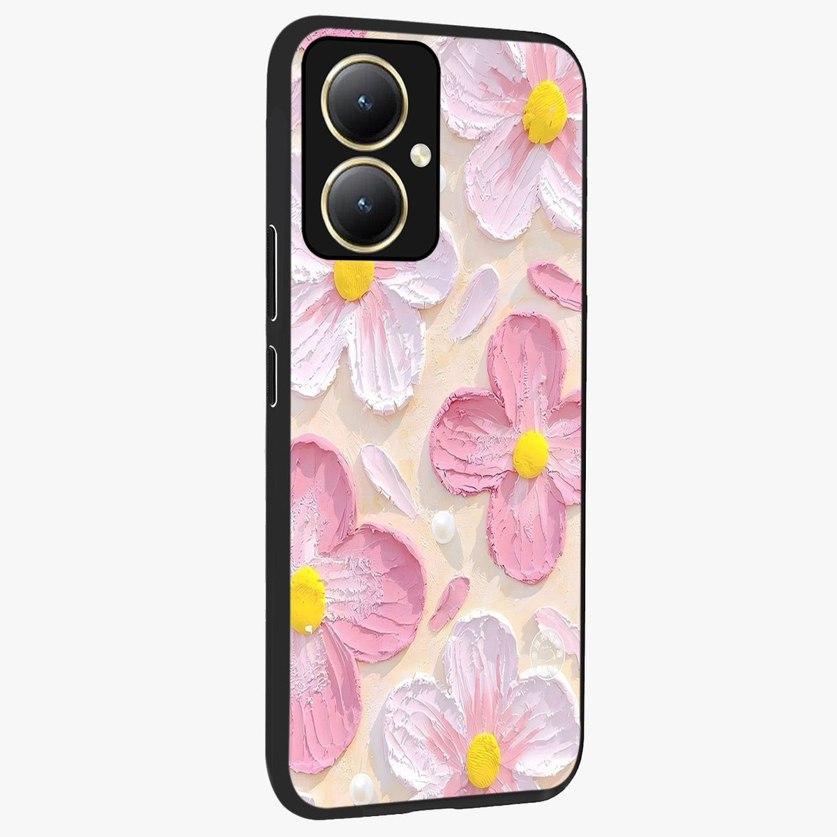 Blush Bloom Texture Glass Case upright view showcasing delicate blush floral texture with modern minimal style.