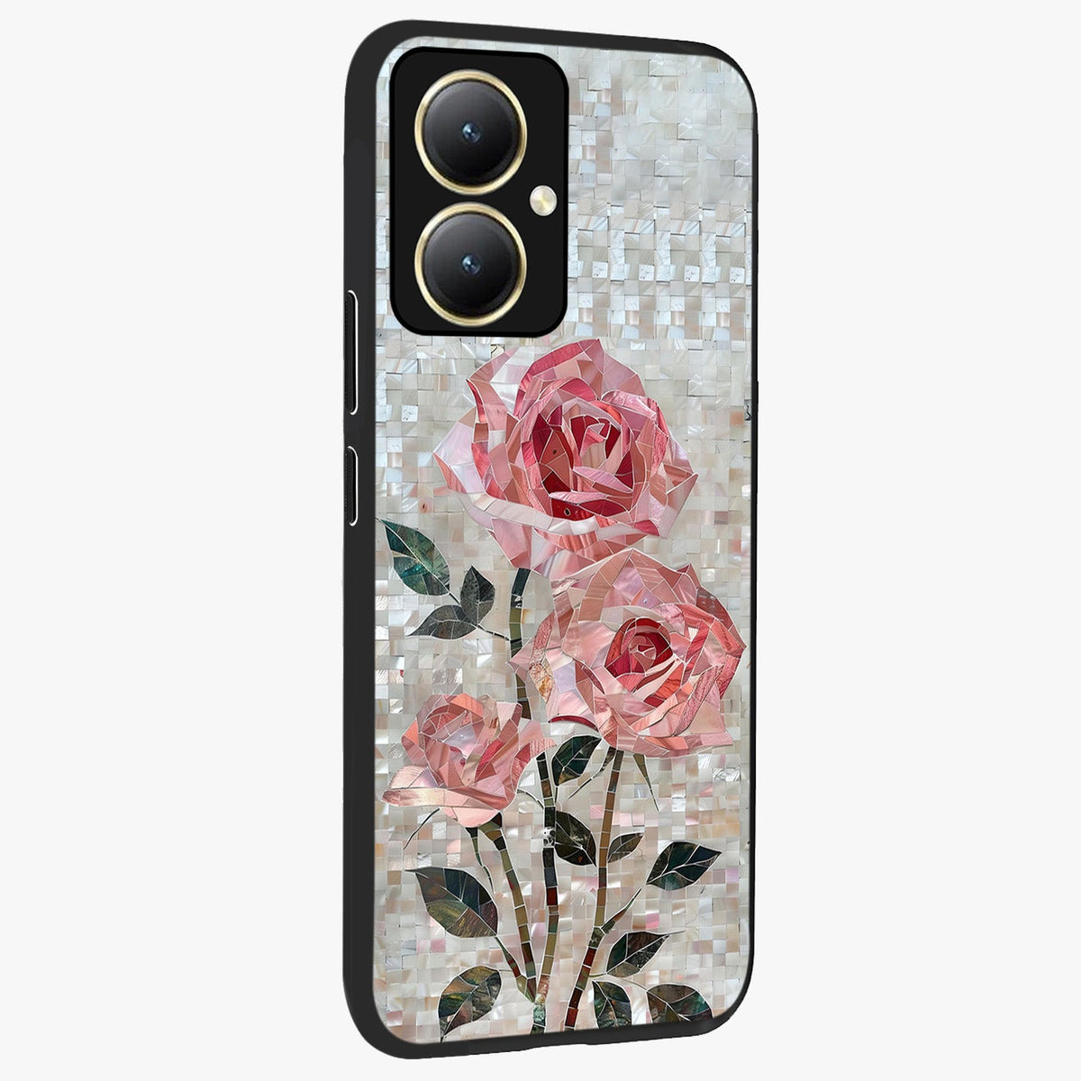 Blush Mosaic Bloom Glass Case upright view showcasing decorative floral mosaic artwork with stylish modern aesthetic.
