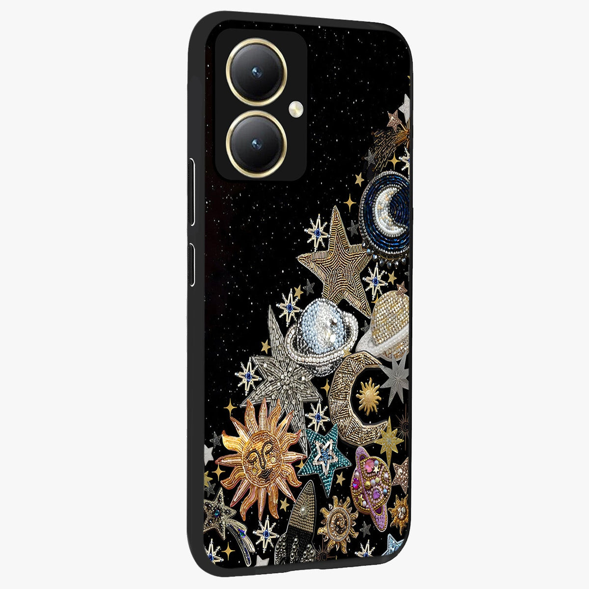 Cosmic Sparkle Dreams Glass Case upright view showcasing glowing cosmic artwork with magical galaxy theme.