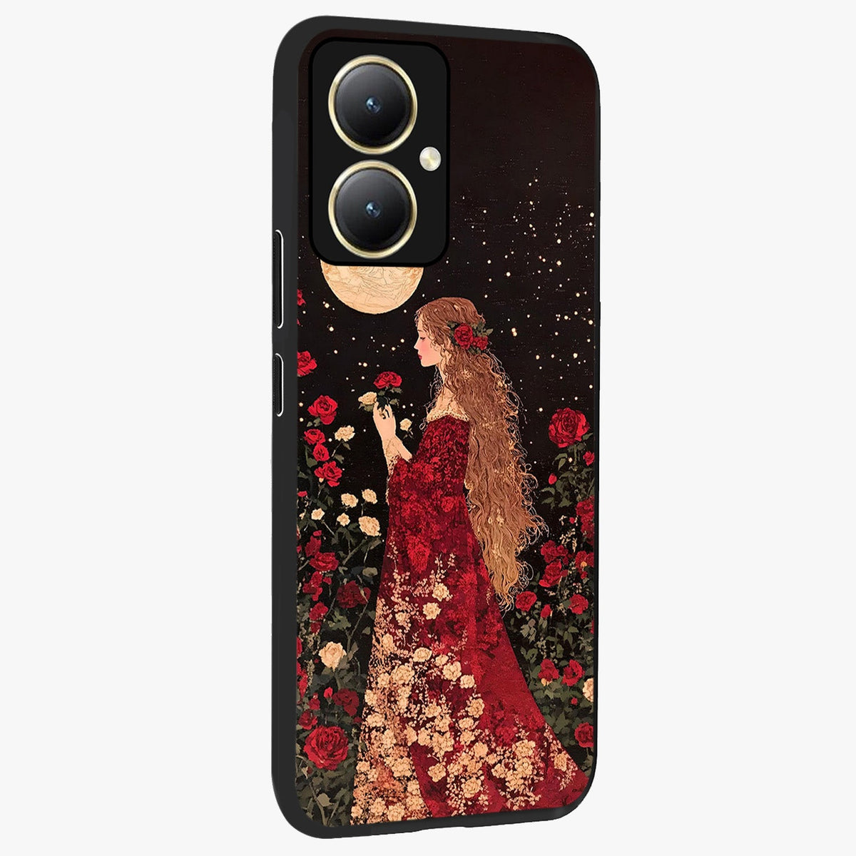 Crimson Dreams Glass Case upright view showcasing dreamy red toned artwork with modern aesthetic style.