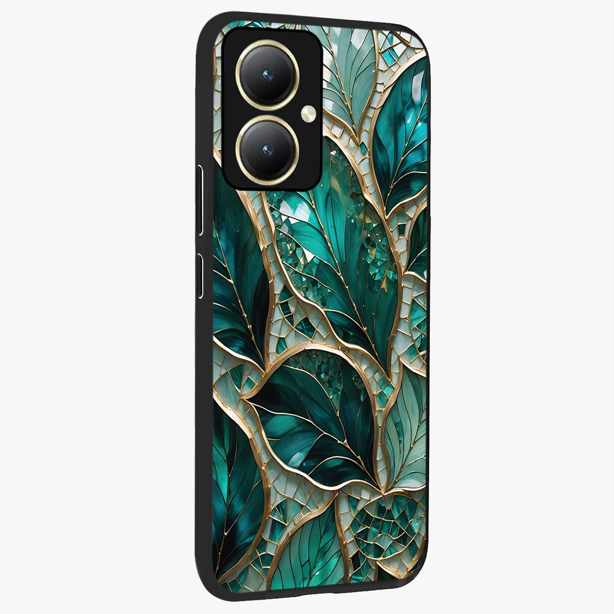 Emerald Leaf Glass Glass Case upright view showcasing fresh green leaf artwork with calming nature inspired style.
