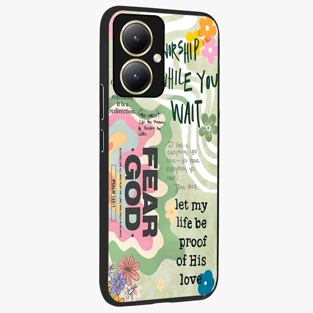 Faith Over Fear Glass Case upright view showcasing bold typography artwork with uplifting motivational theme.