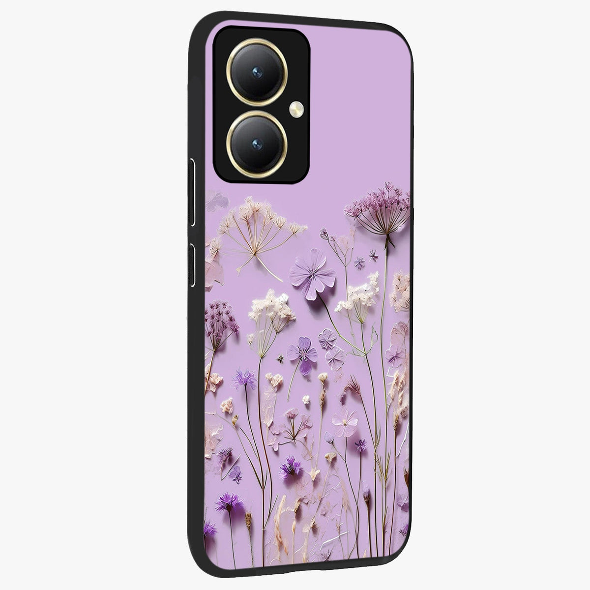 Lavender Blossom Dream Glass Case upright view showcasing delicate lavender blossom artwork with peaceful floral theme.