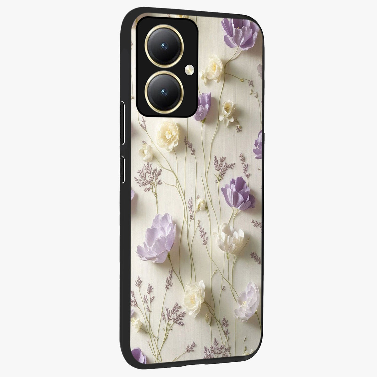 Lilac Breeze Harmony Glass Case upright view showcasing delicate lilac artwork with peaceful floral theme.