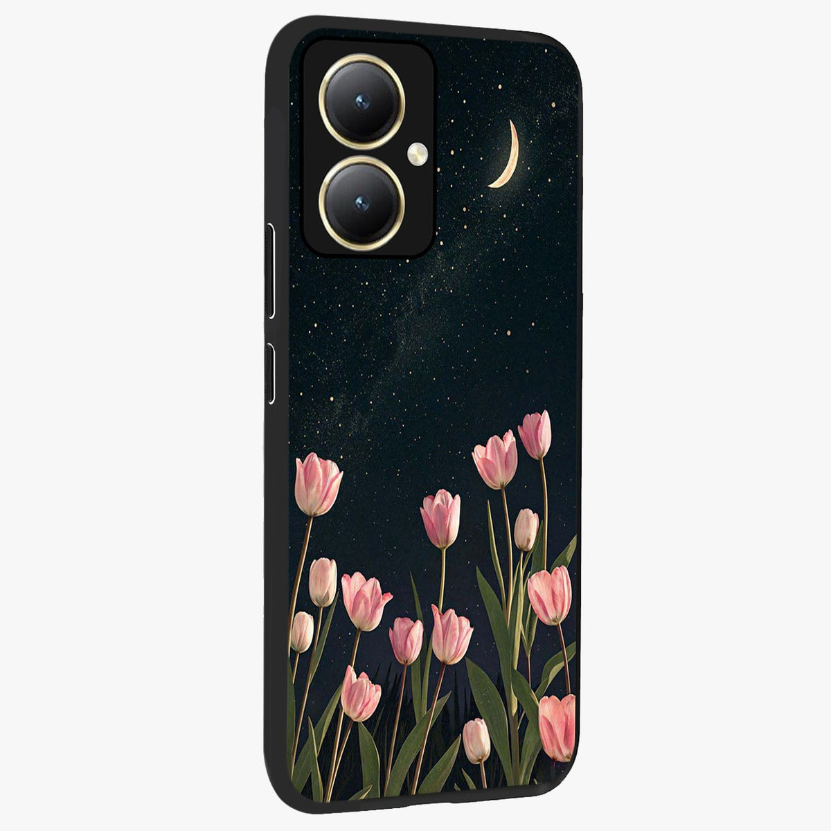 Midnight Tulip Whispers Vibe Glass Case upright view showcasing graceful tulip artwork with calm botanical theme.