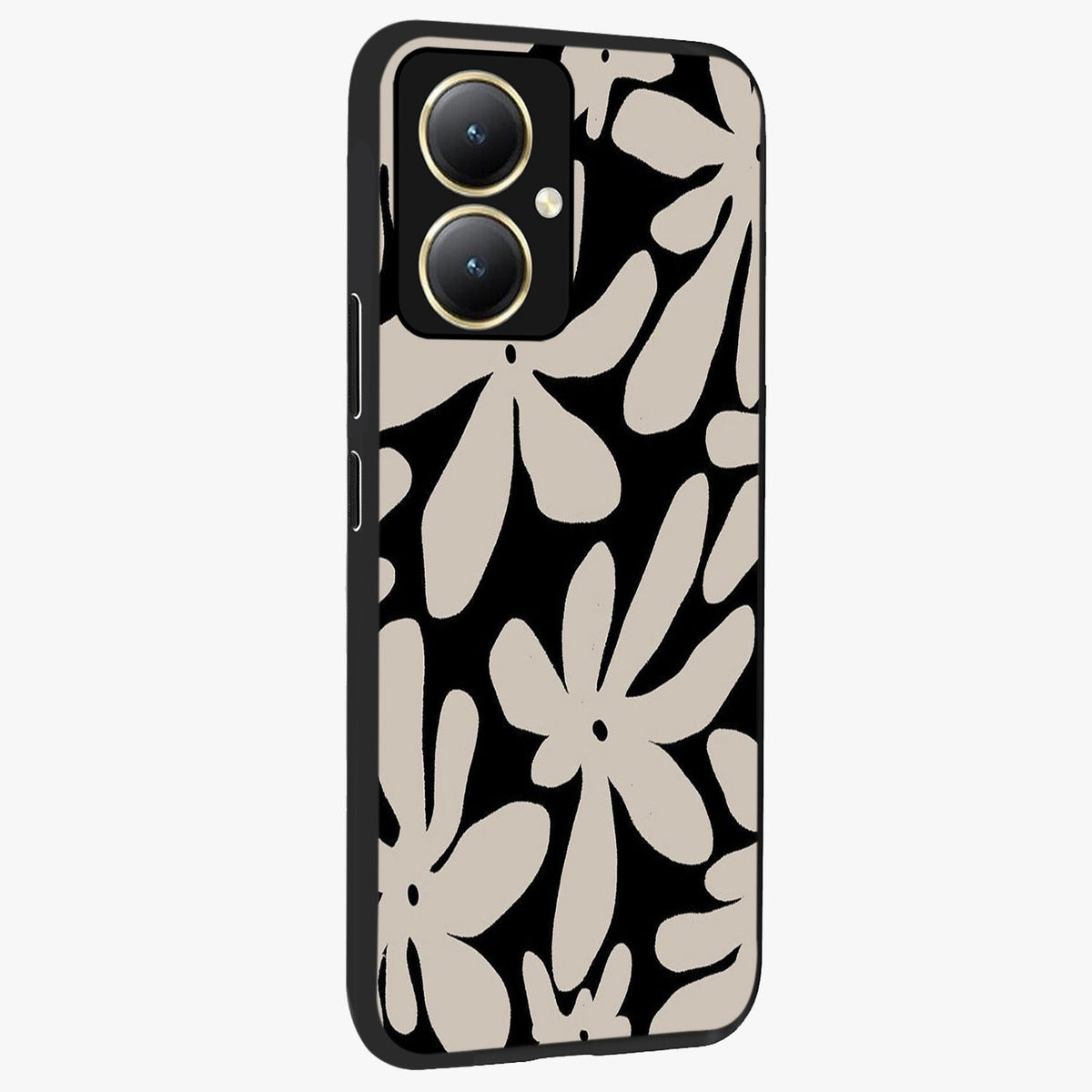 Monochrome Petal Dance Glass Case upright view showcasing artistic floral pattern with stylish monochrome theme.