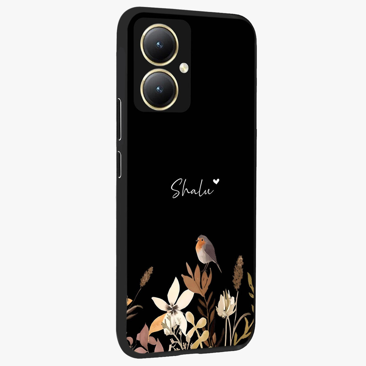 Quiet Garden Tune Custom Name Glass Case upright view showcasing serene botanical artwork with personalized aesthetic.
