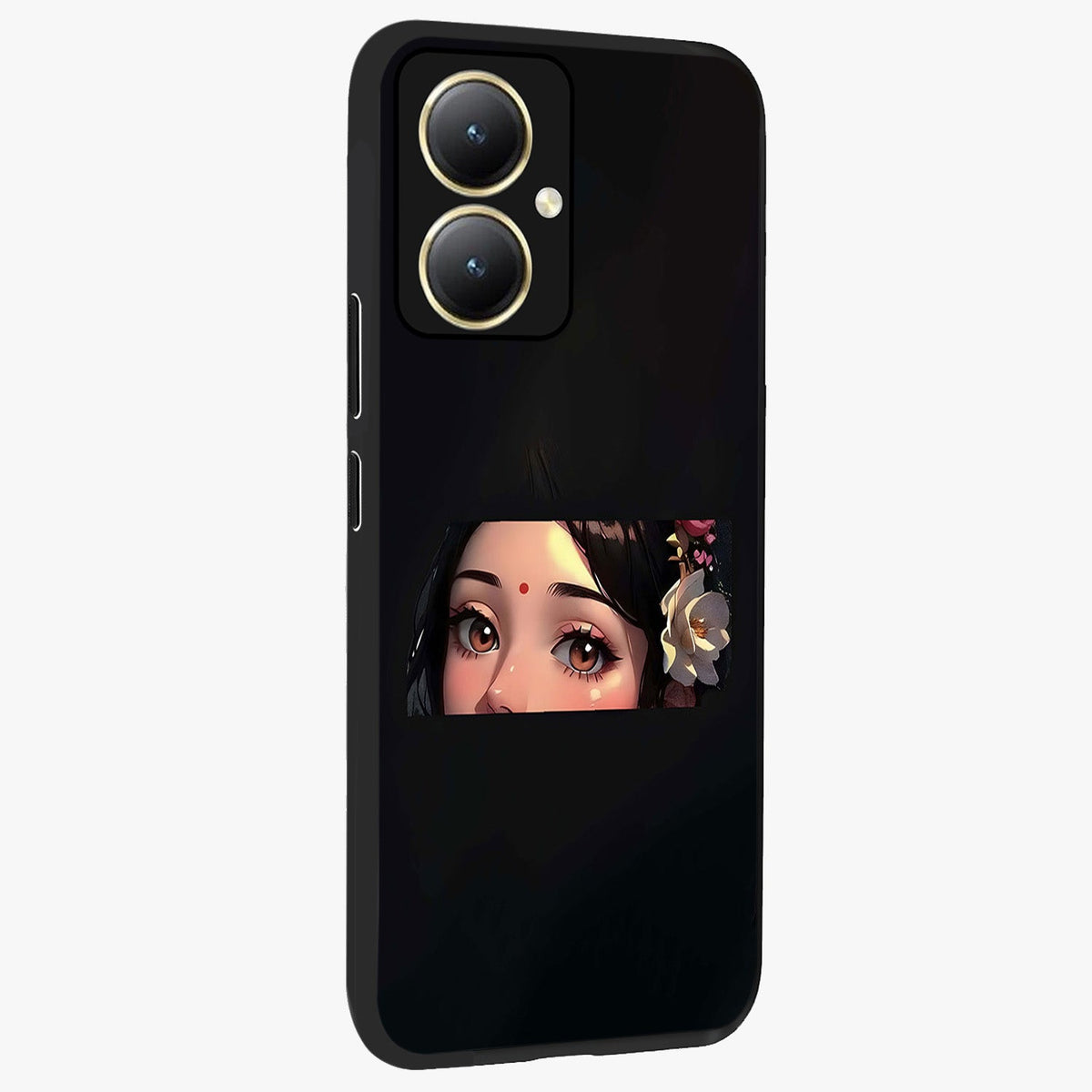Radha Divine Embrace Glass Case upright view showcasing sacred Radha themed artwork with peaceful devotional style.