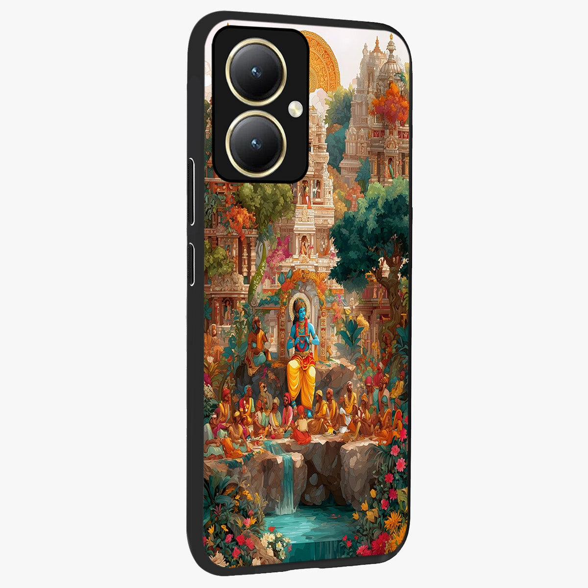 Sacred Sunlight Gods Glass Case upright view showcasing glowing divine artwork with sacred mythological theme.