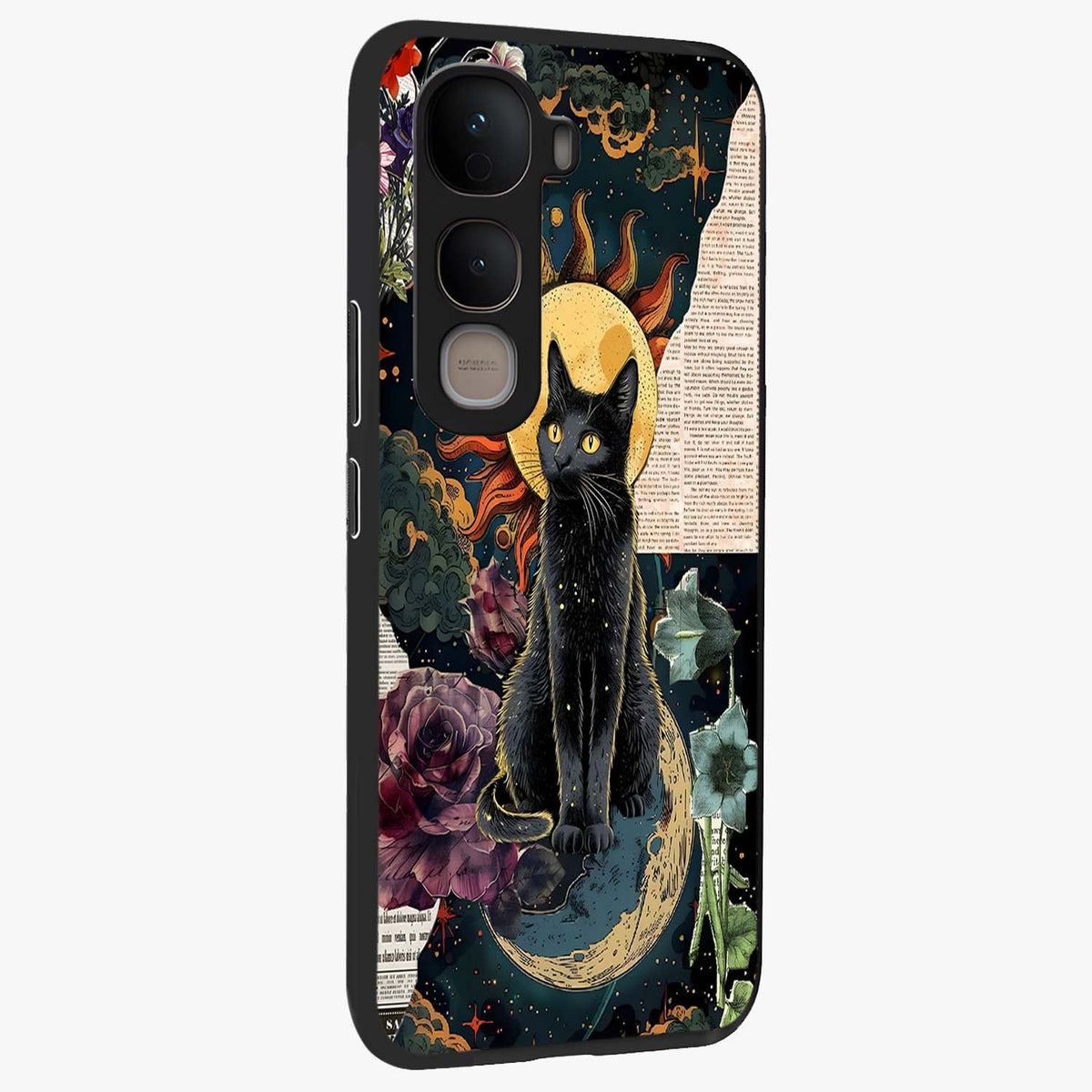 Celestial Black Cat Glass Case upright view showcasing magical black cat illustration with starry cosmic theme.