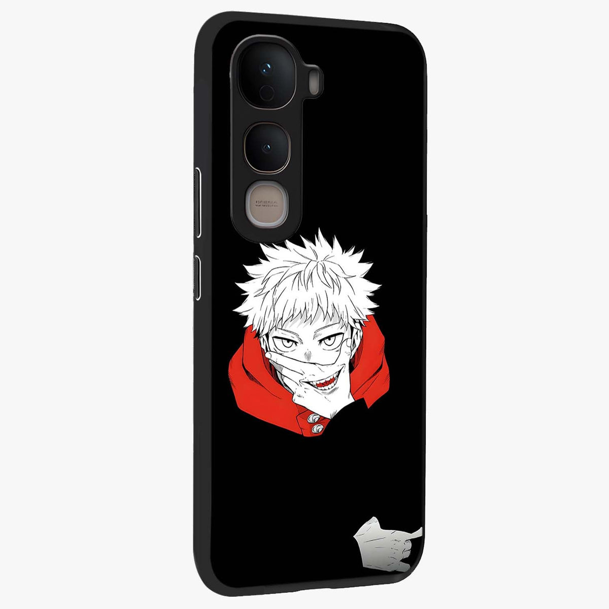 Crimson Chaos Smile Glass Case upright view showcasing expressive chaotic artwork with striking visual theme.