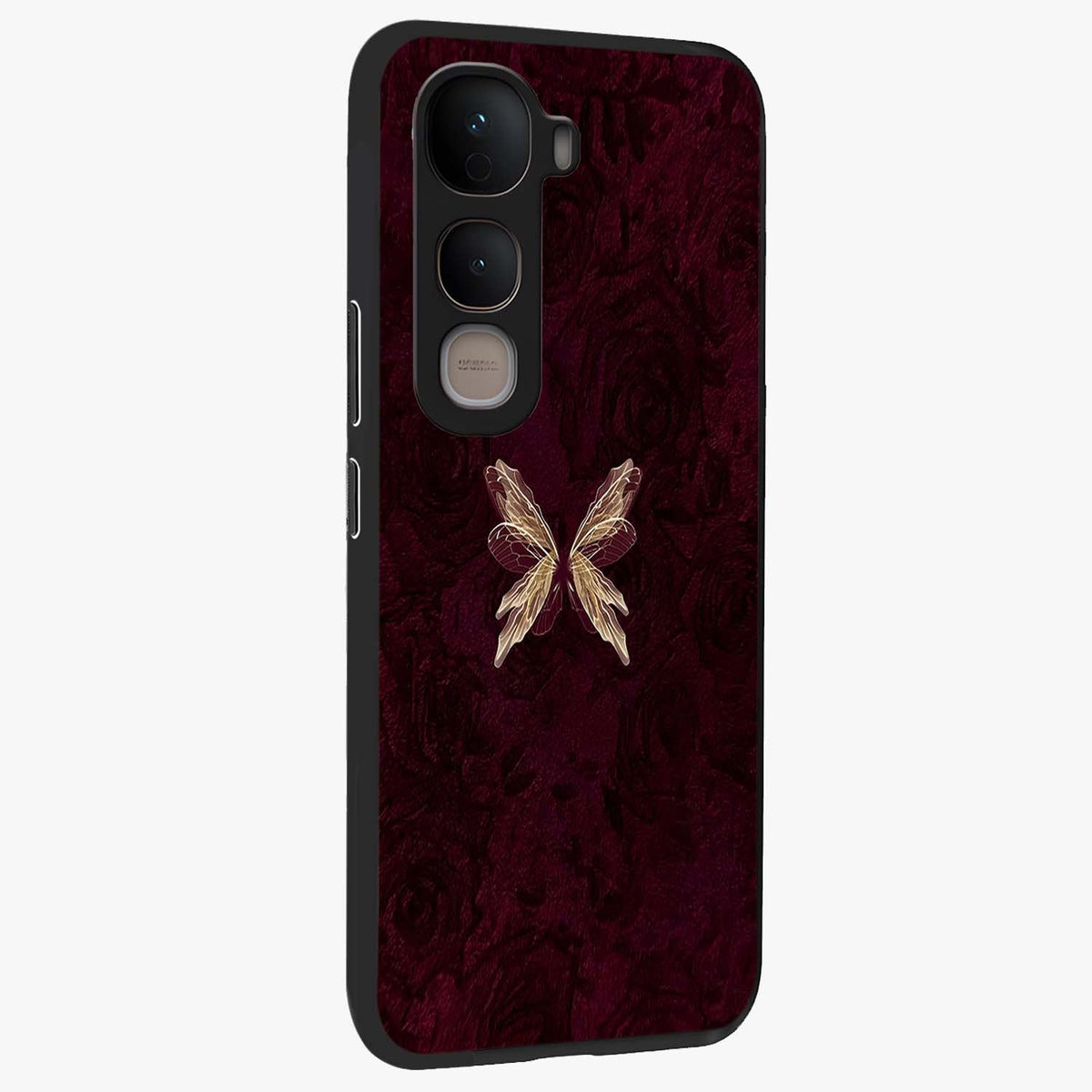 Crimson Fade Butterfly Glass Case upright view showcasing graceful butterfly artwork with soft crimson fade effect.