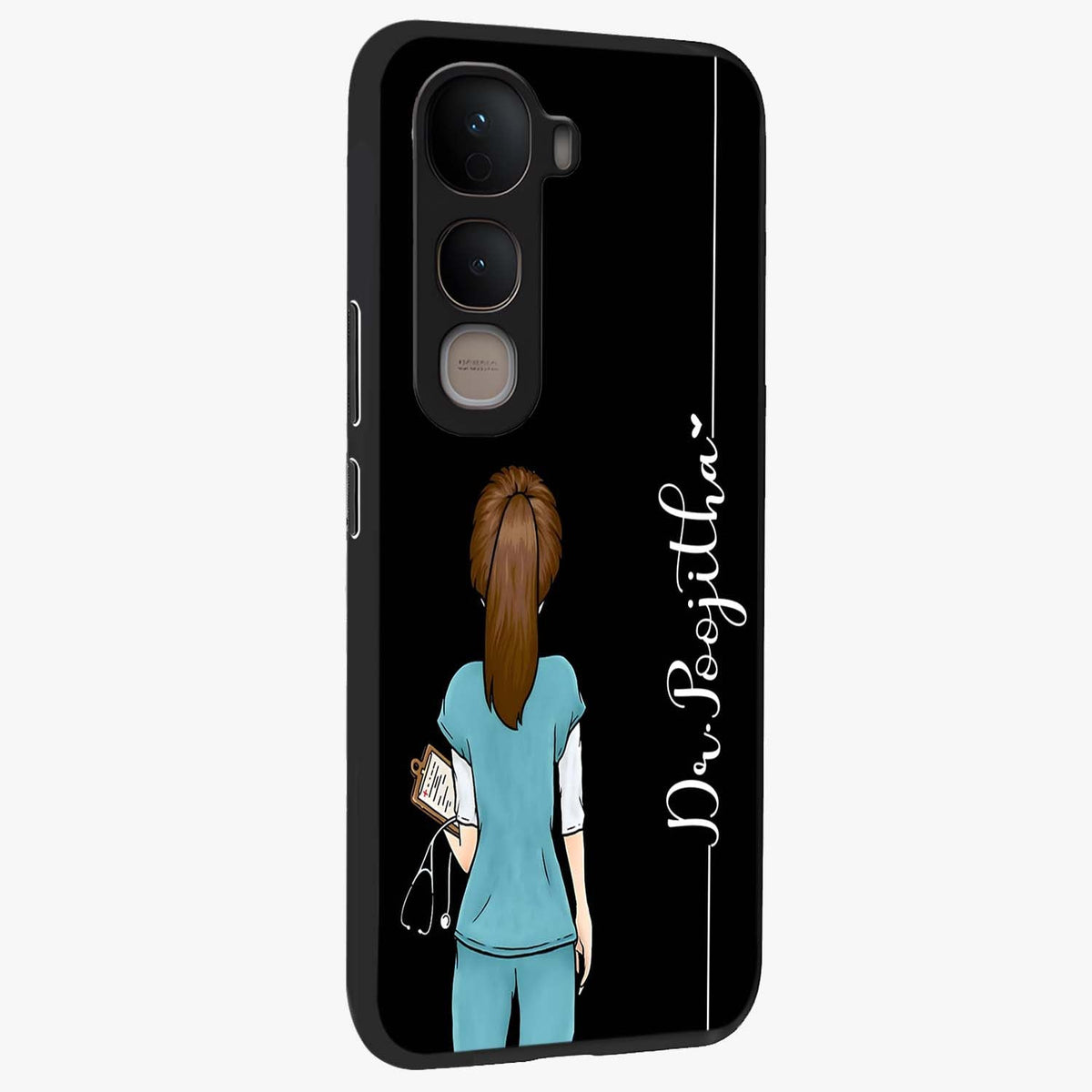 Doctor Pattern Custom Name Glass Case upright view showcasing healthcare themed design with personalized aesthetic.
