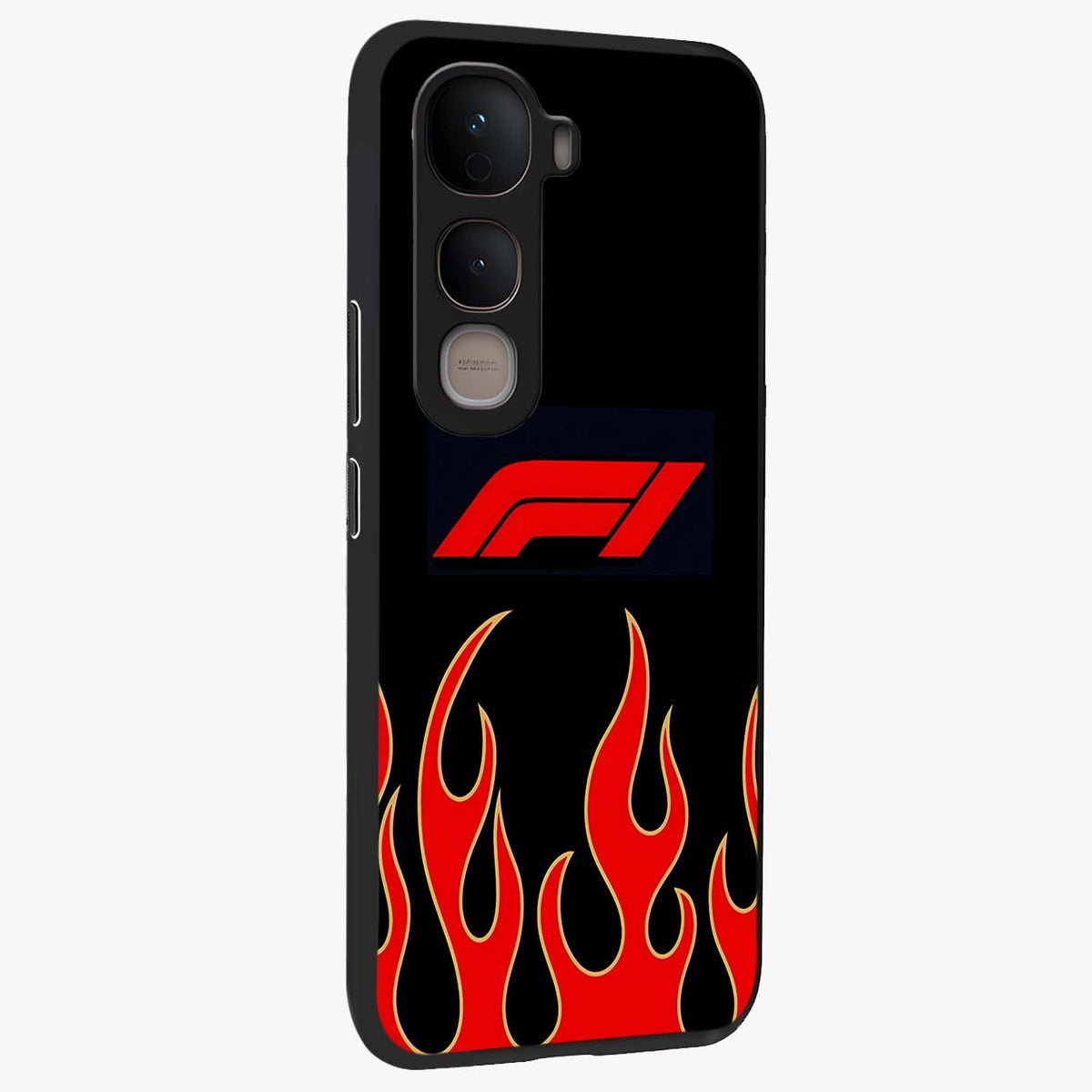 Fire F11 Glass Case upright view showcasing dynamic flame artwork with intense visual theme.