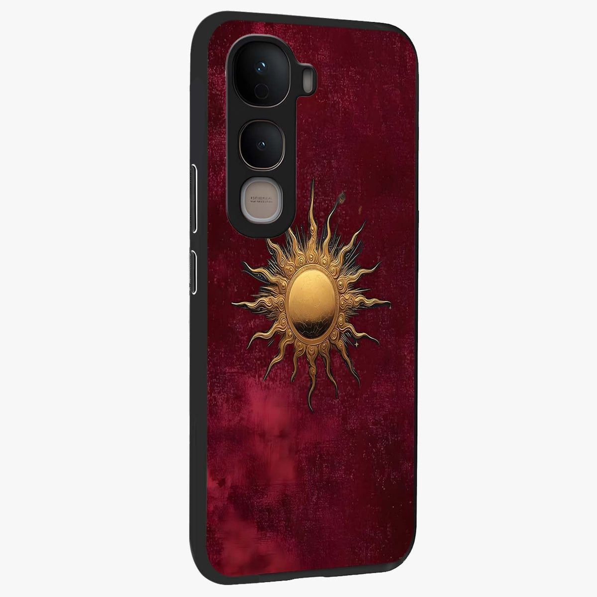 Golden Sun Minimalism Glass Case upright view showcasing simple golden sun artwork with elegant minimalist style.